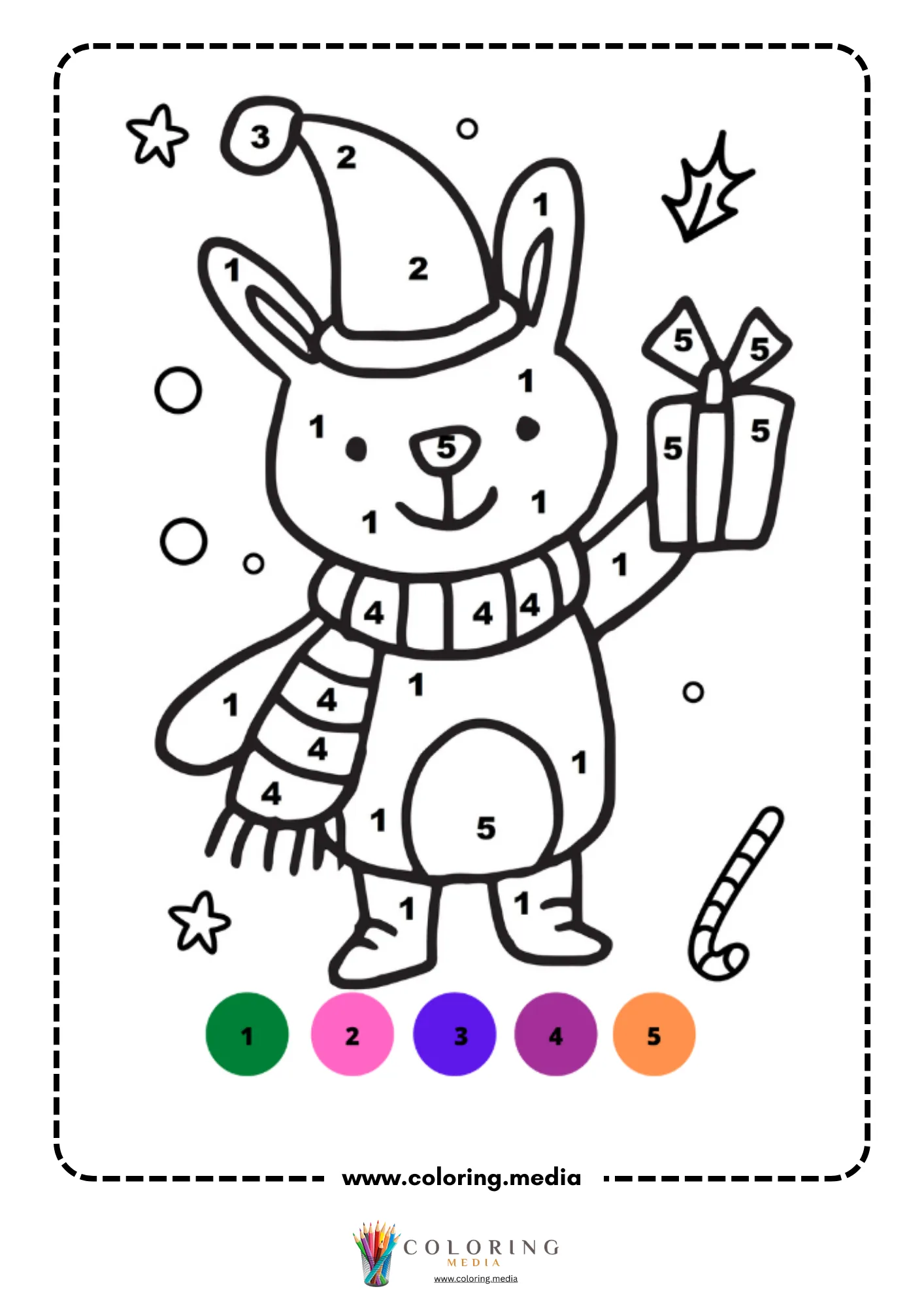Color by number cute bunny in Santa hat holding a gift box with scarf