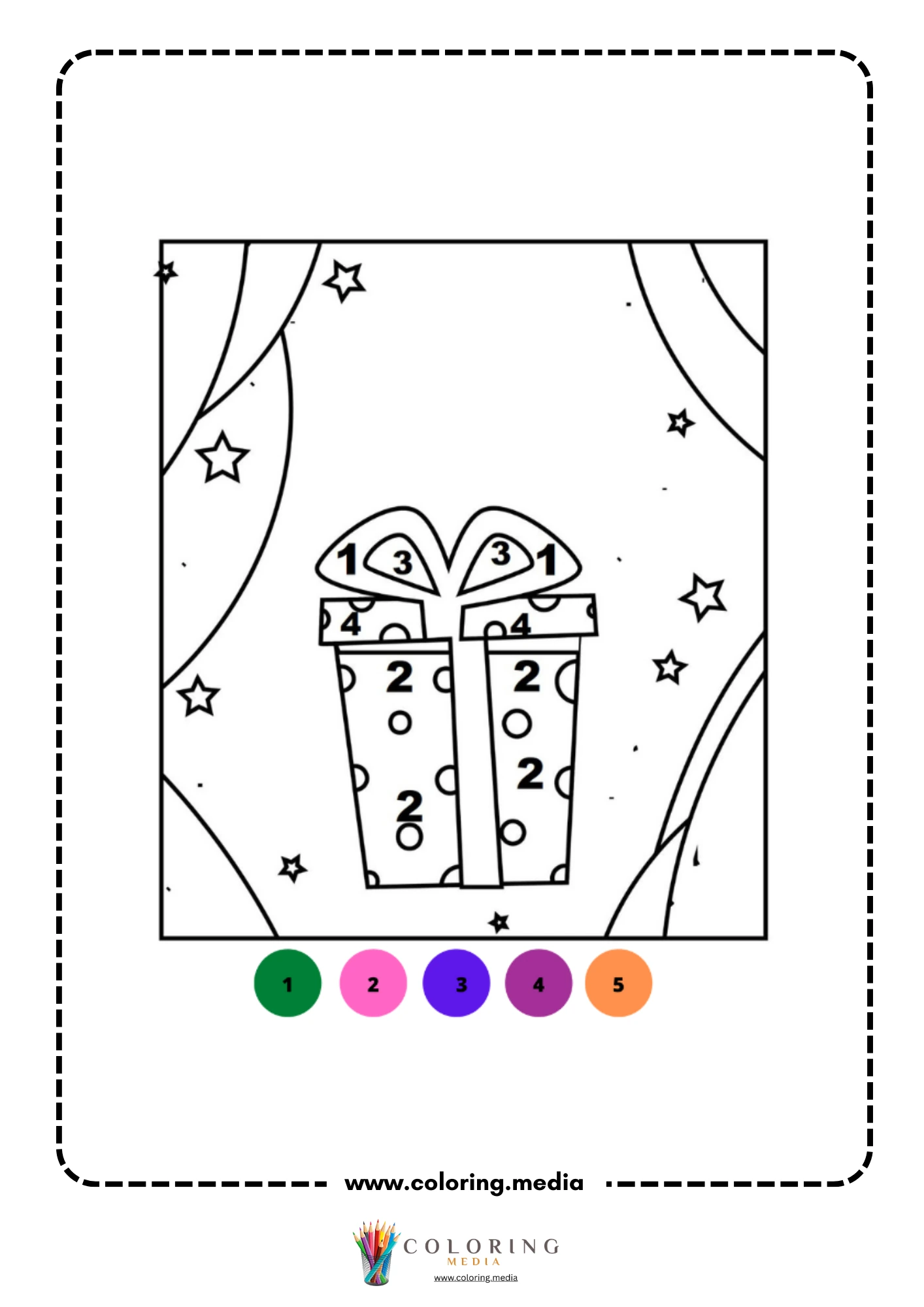 Color by number two wrapped gift boxes with bow amid stars