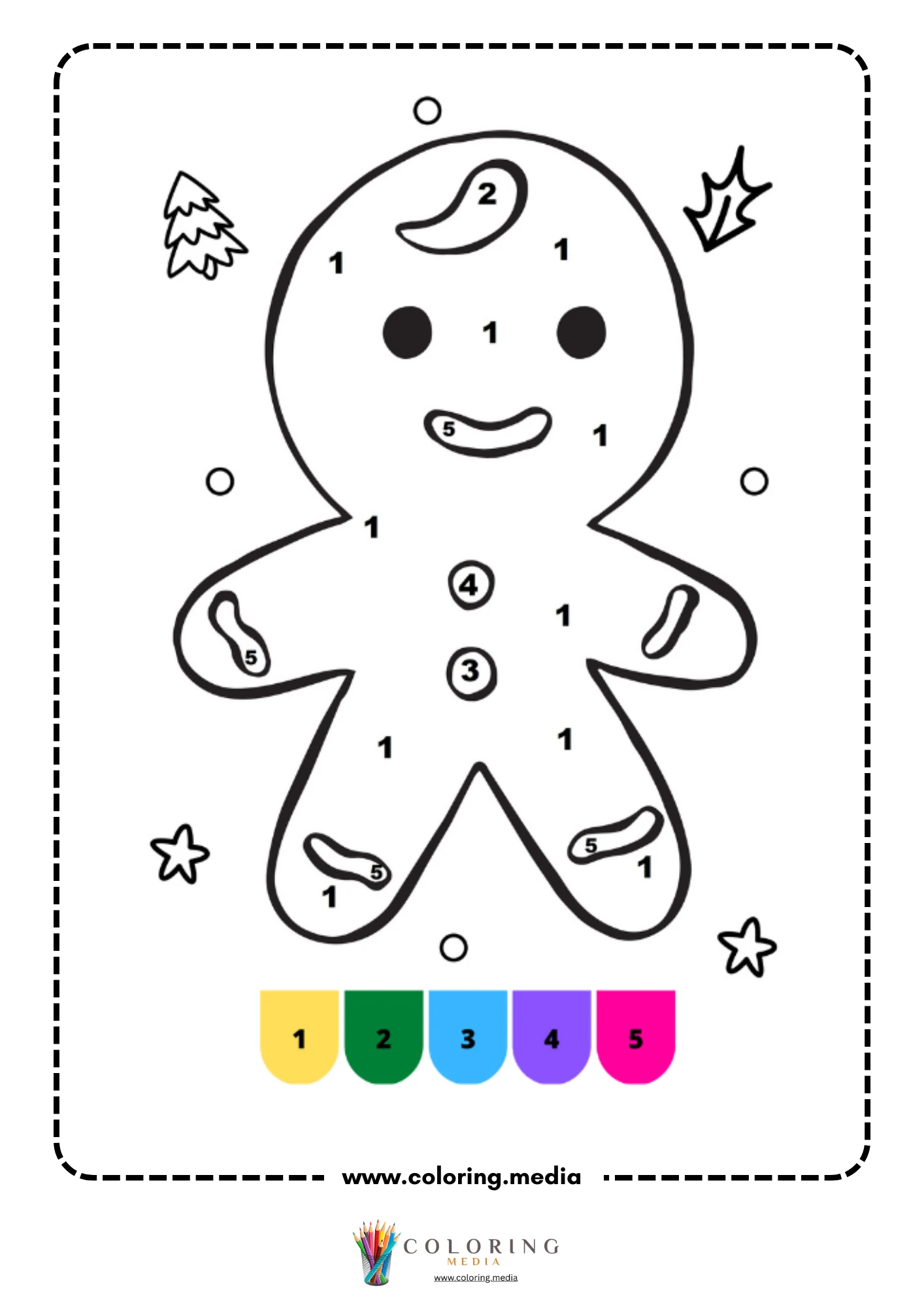 Color by number gingerbread man with button and candy decorations
