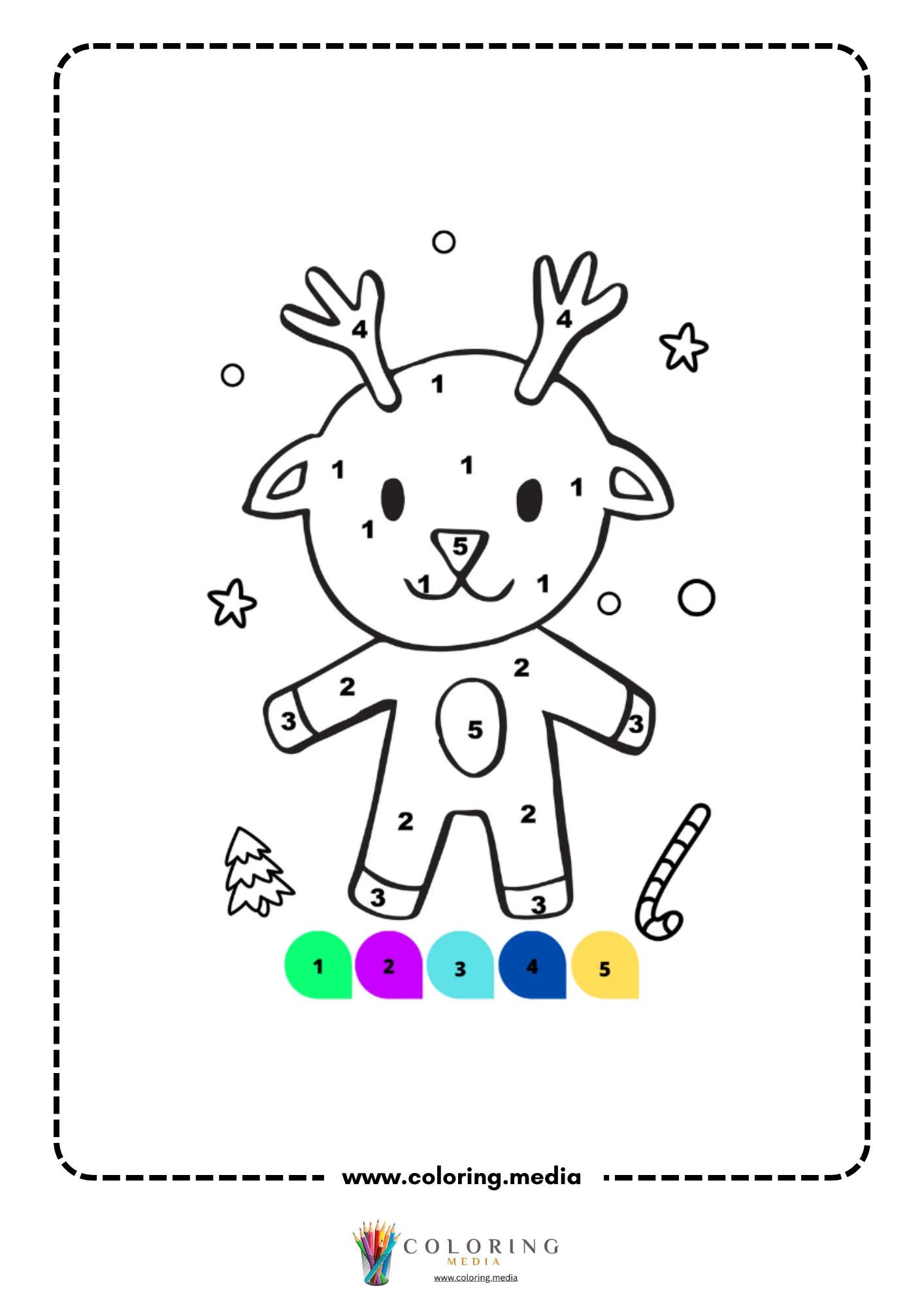 Color by number cute reindeer standing upright with large branching antlers