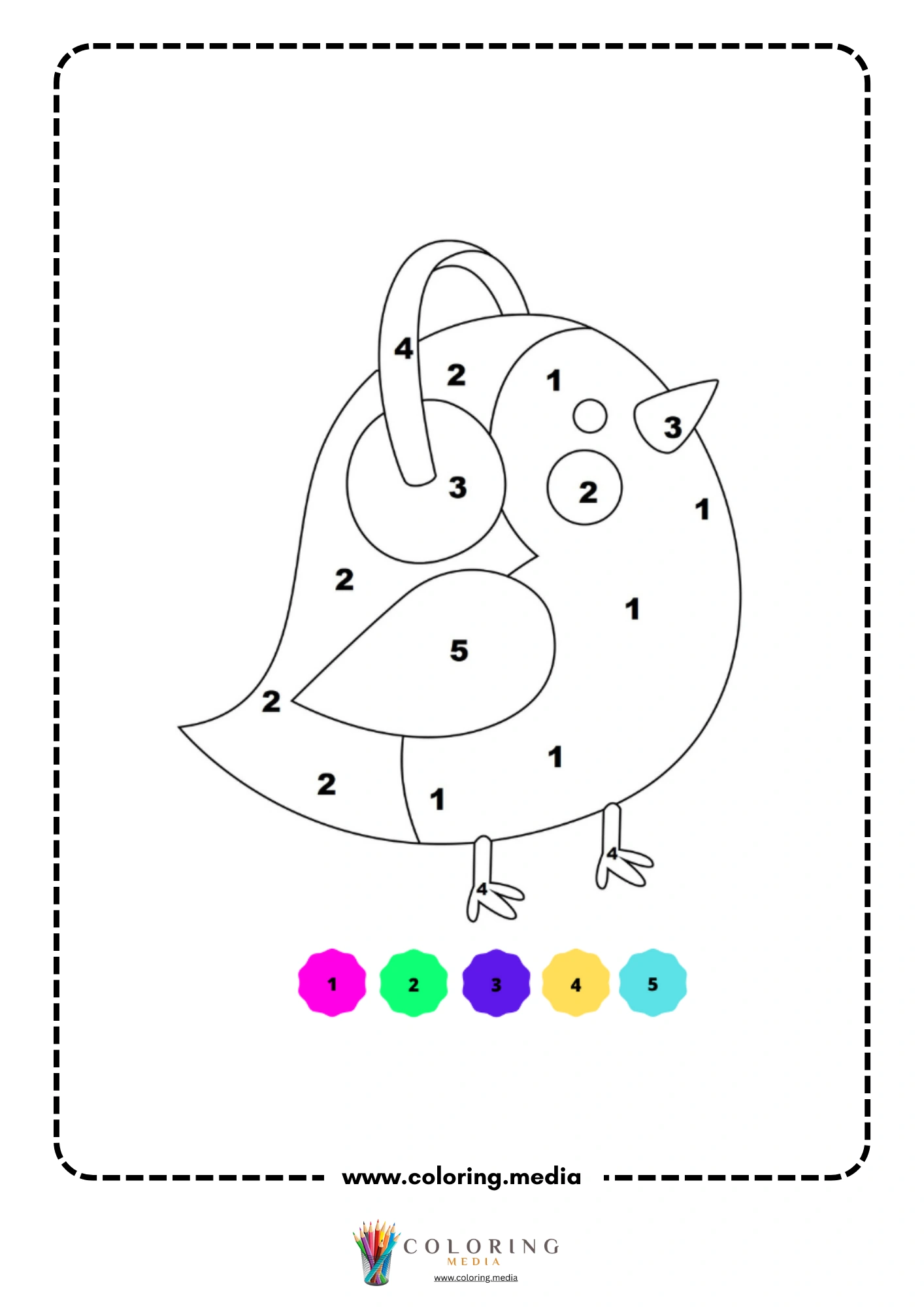 Color by number round Christmas bird shaped like hanging ornament