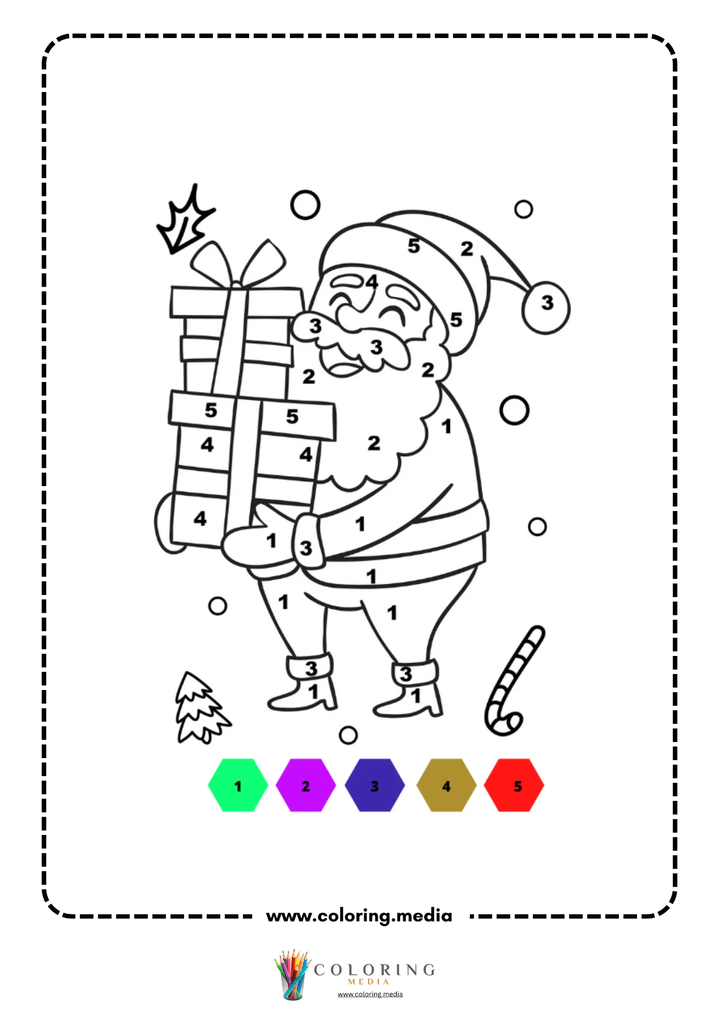Color by number Santa Claus carrying tall stack of wrapped gifts