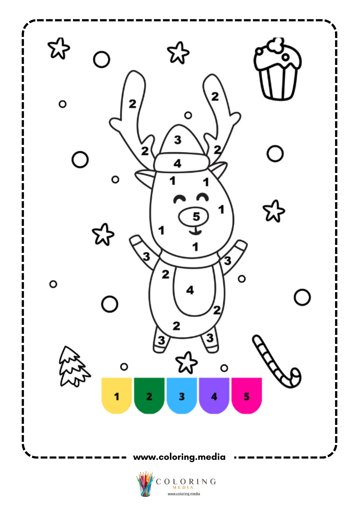 Color by number cute reindeer with antlers in snowy winter scene