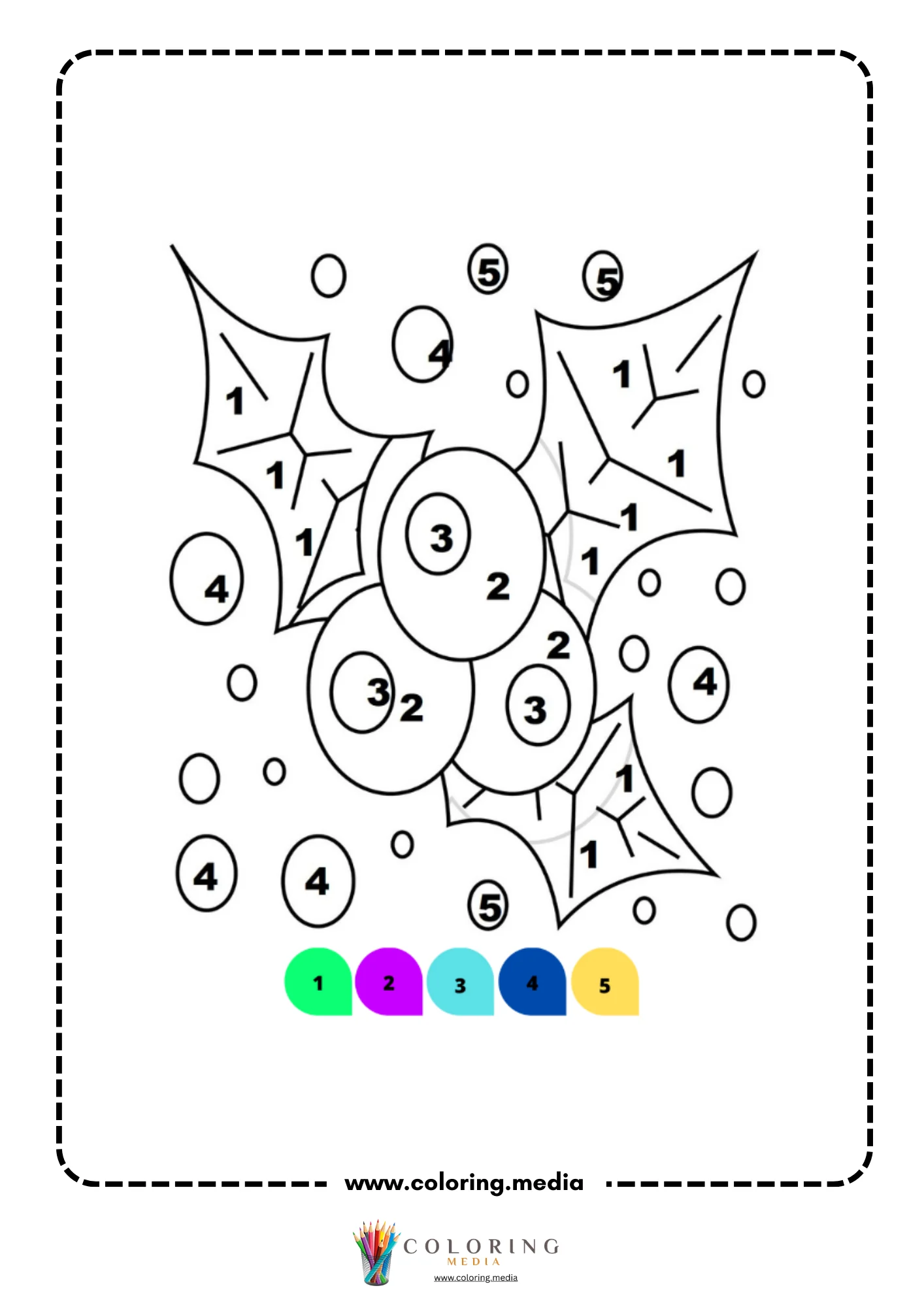 Color by number holly leaves and red berries pattern