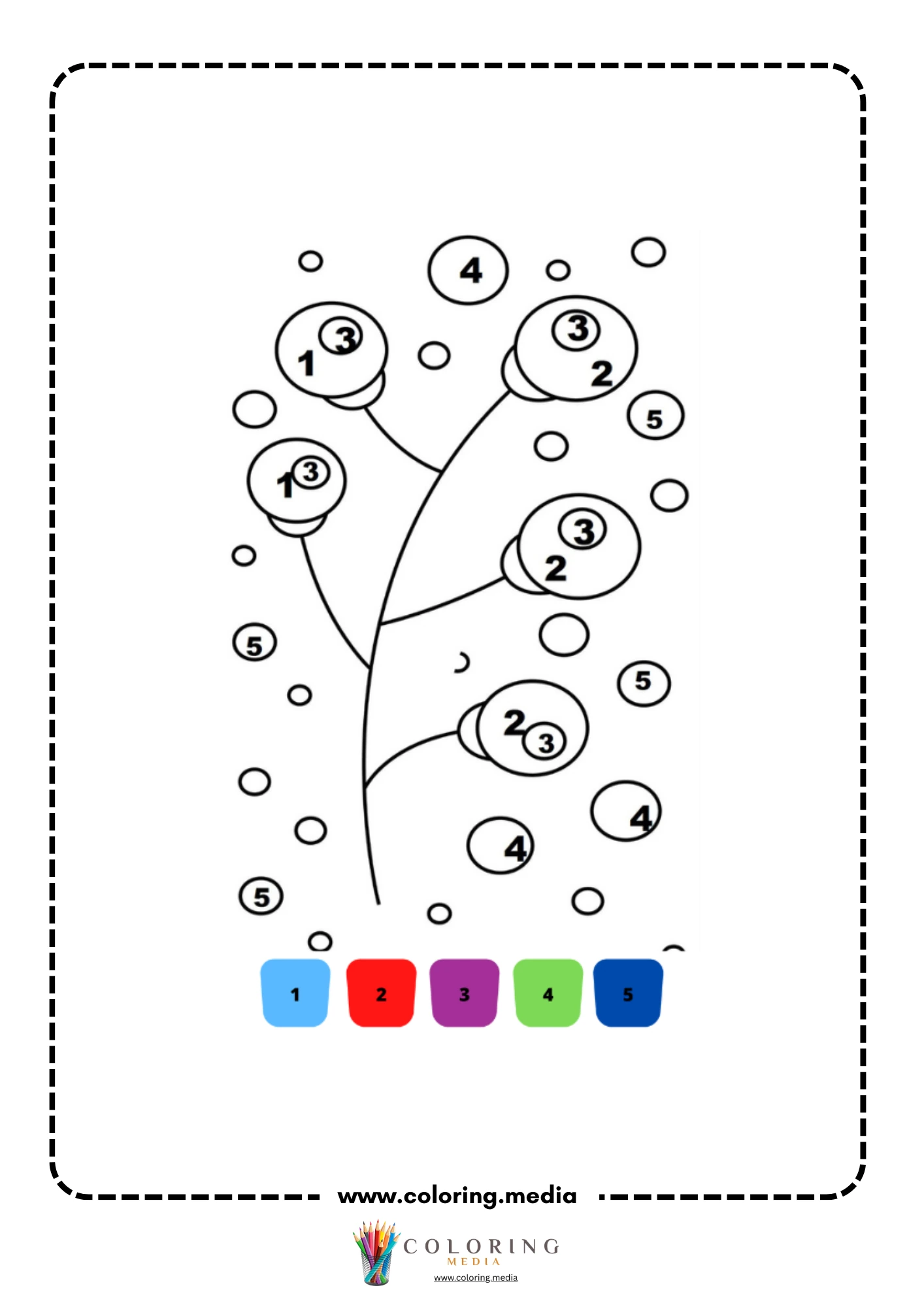 Color by number branch with round ornament baubles hanging from it