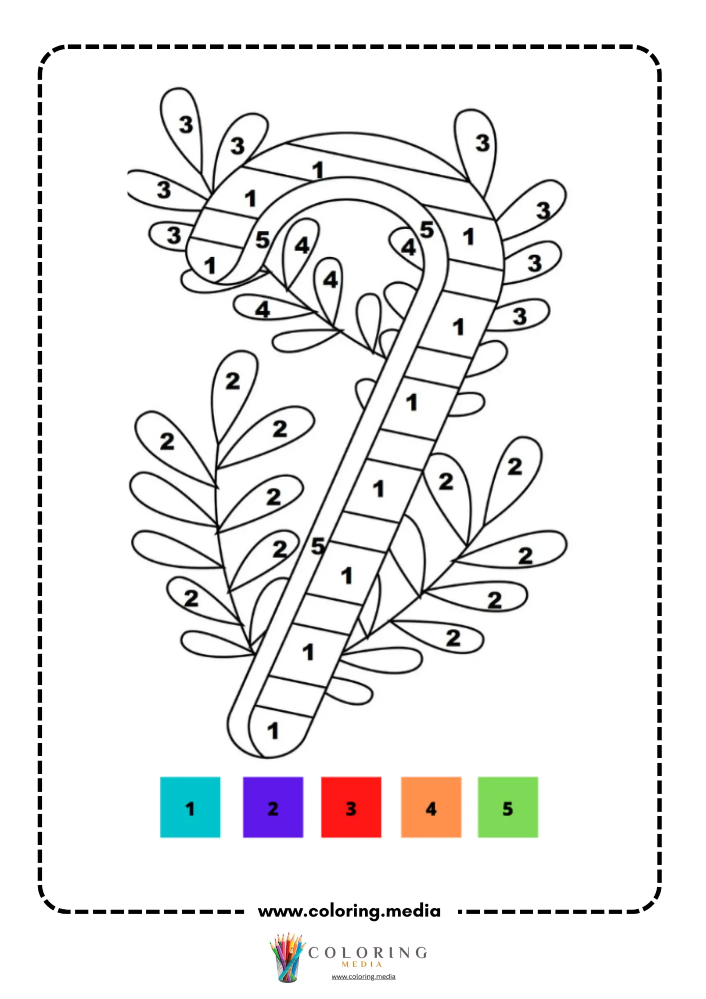 Color by number candy cane with holly and mistletoe wrapped around it