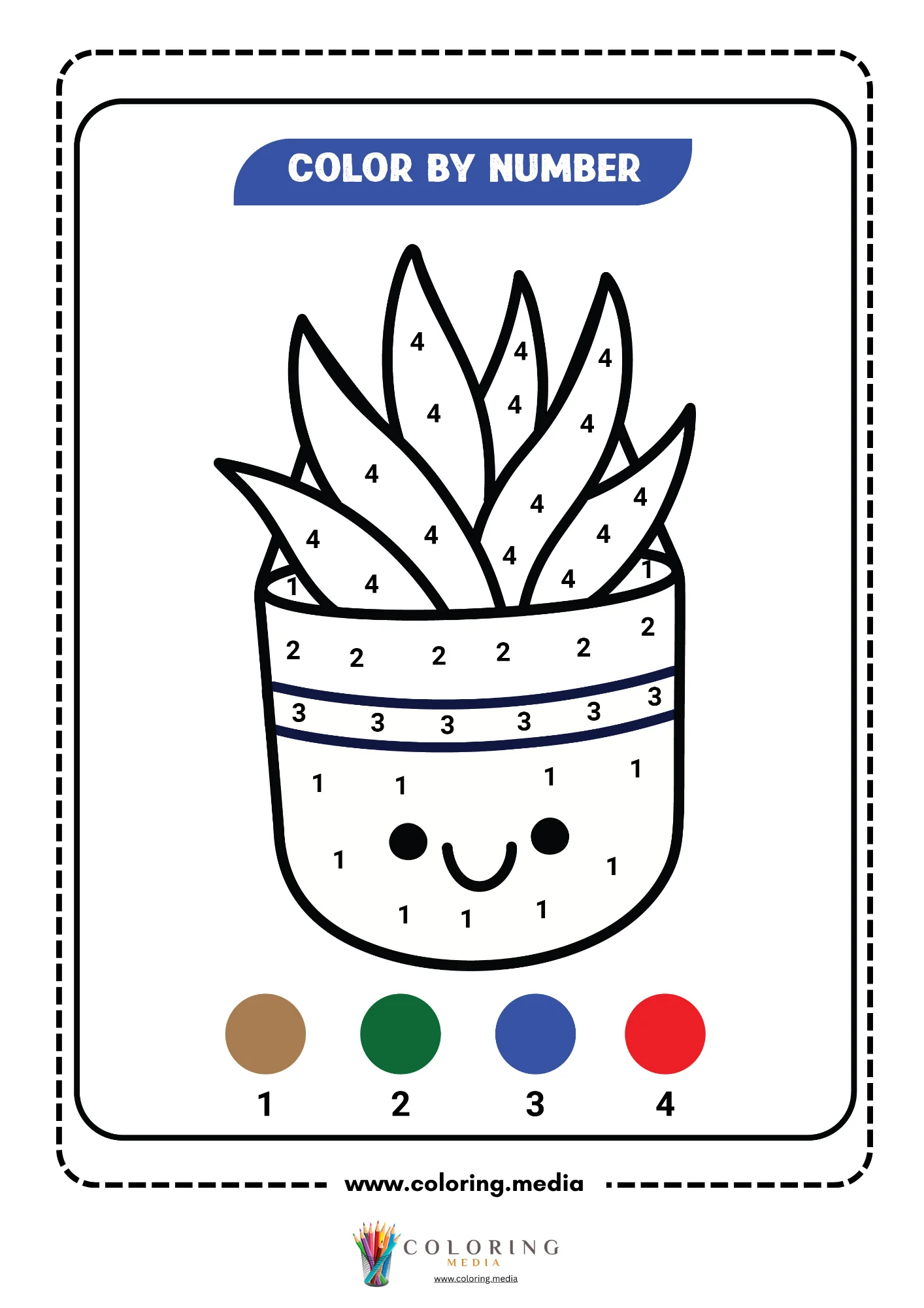 Color by number kawaii succulent plant in striped pot