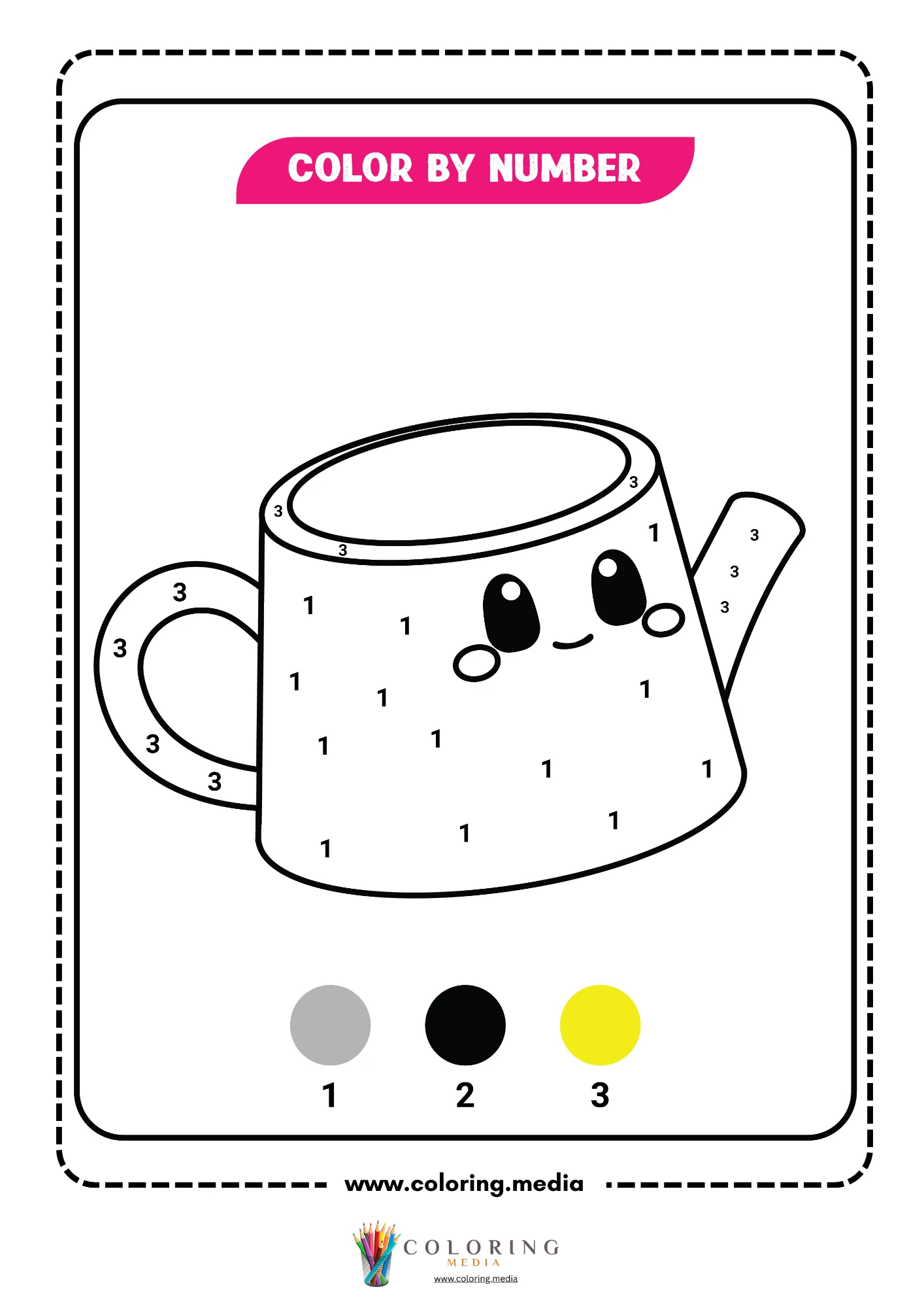 Color by number kawaii teapot with smiley face