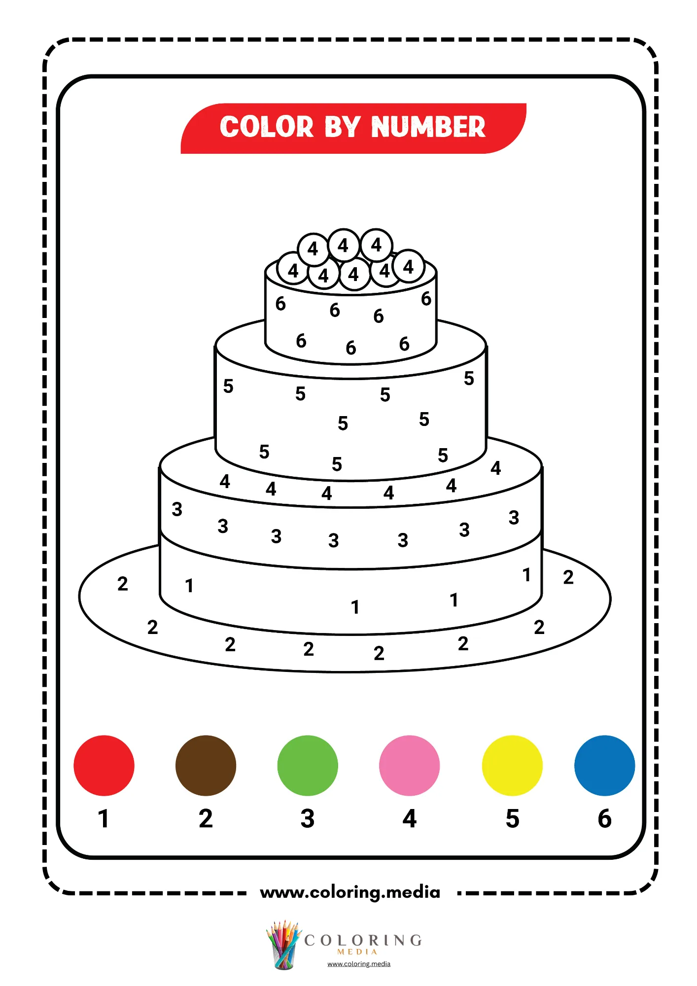 Color by number three-tier birthday cake with berries