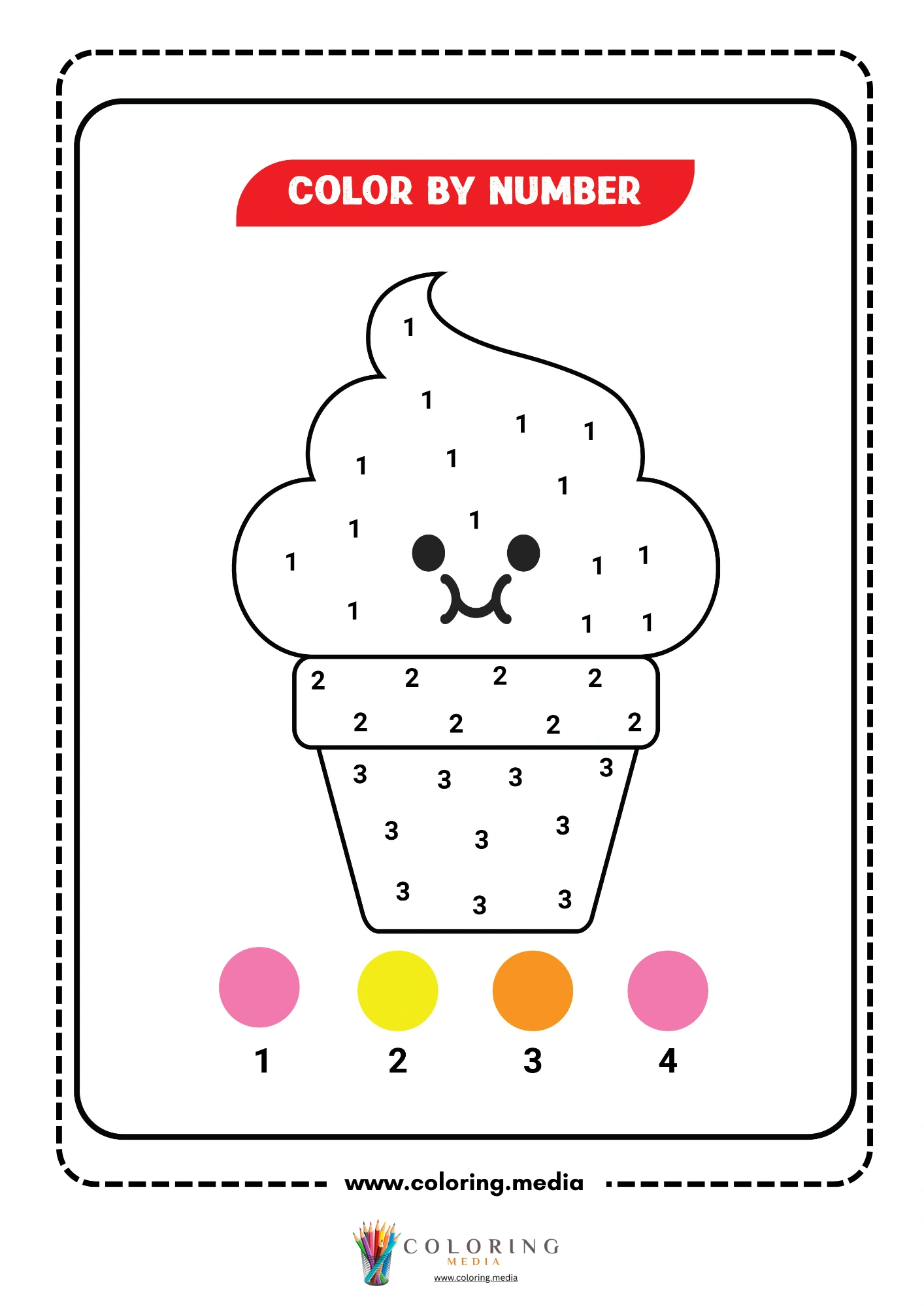 Color by number kawaii cupcake with swirl frosting