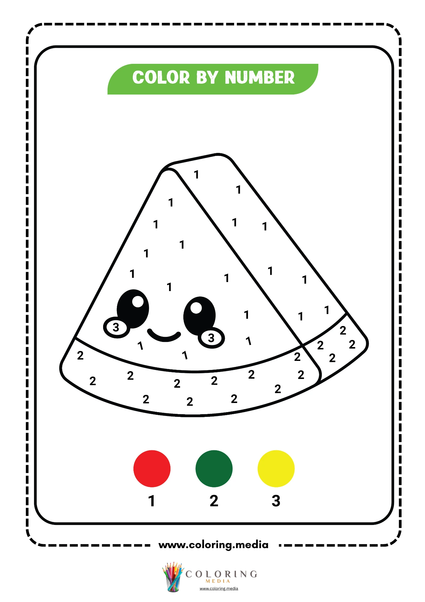 Color by number kawaii watermelon slice with smiley face