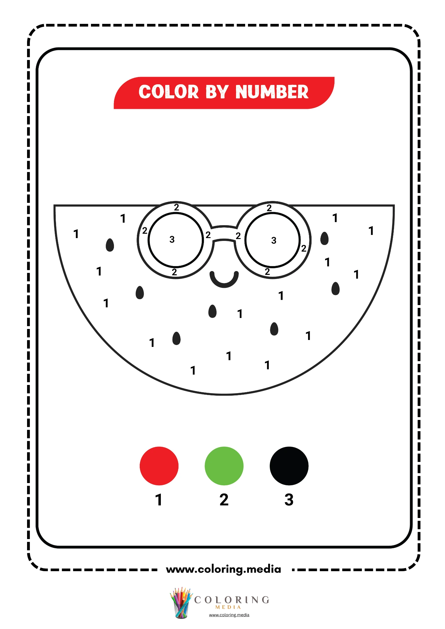 Color by number kawaii watermelon slice wearing glasses