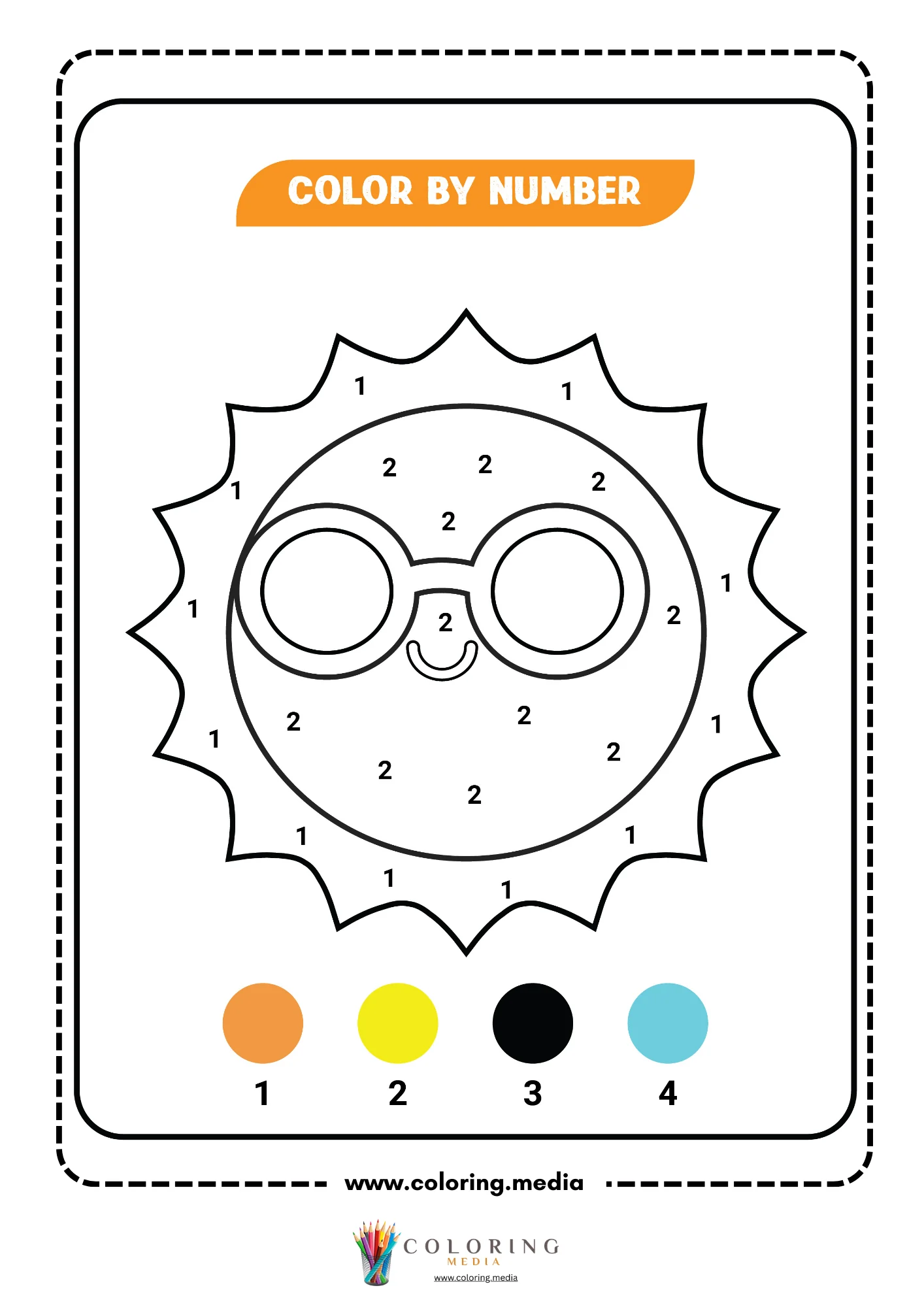 Color by number kawaii sun wearing glasses with smiley face