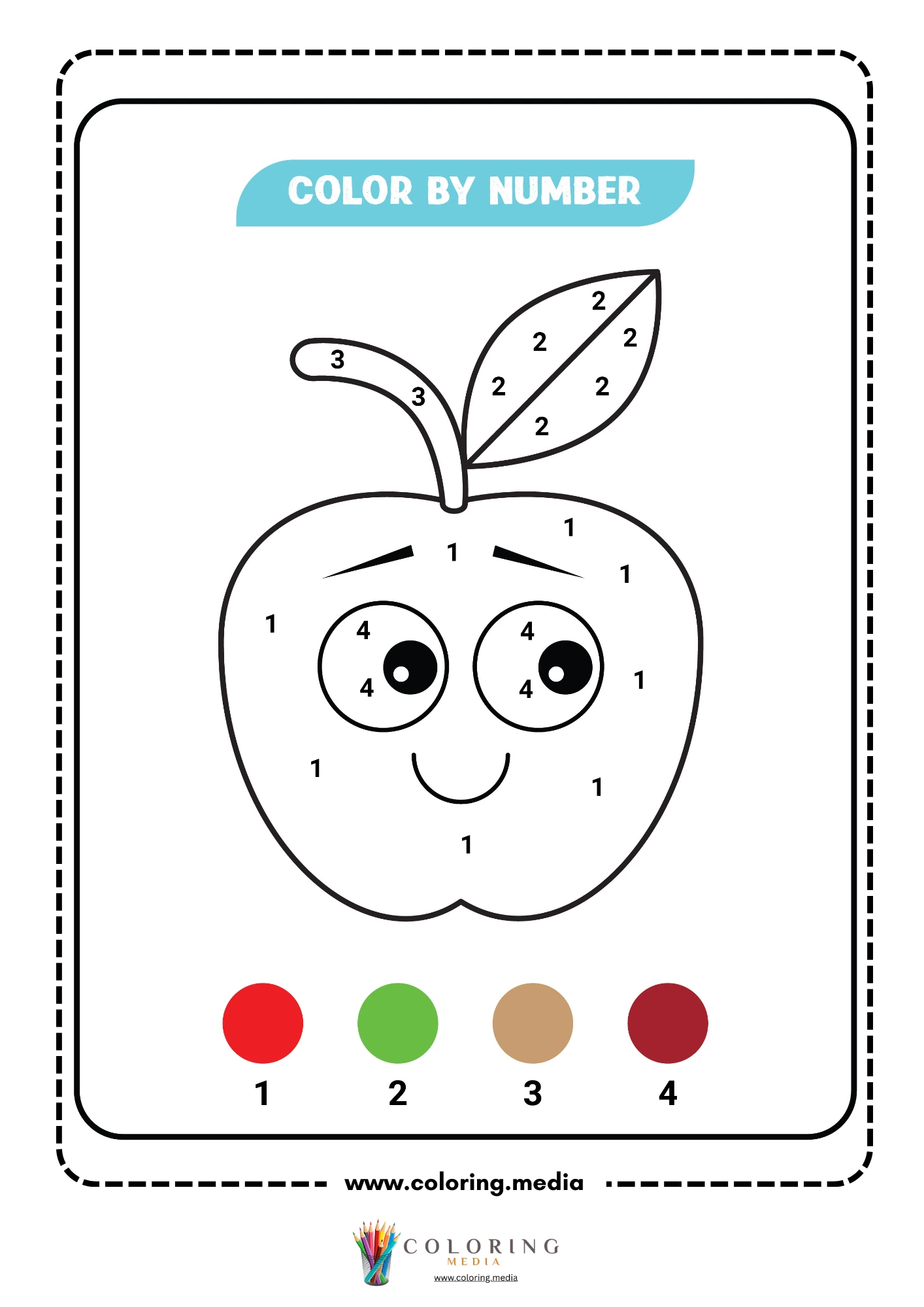 Color by number kawaii apple with smiley face