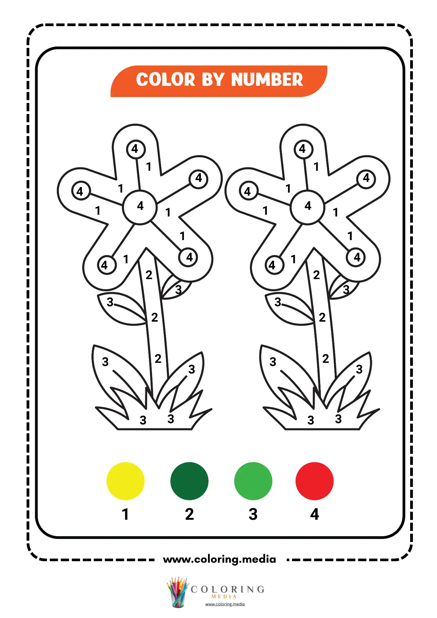 Color by number two flower windmills with stems and leaves