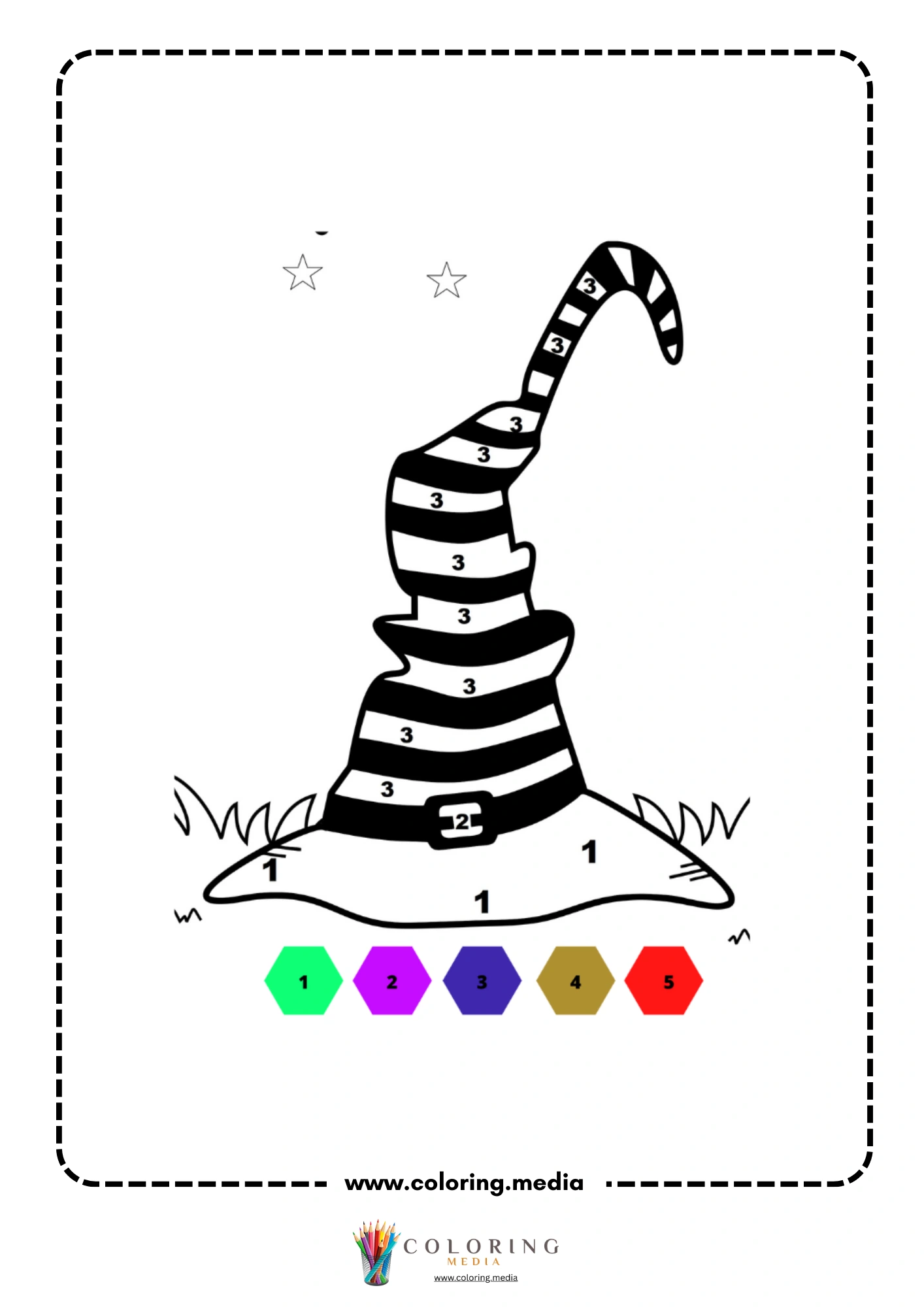 Color by number striped witch hat with buckle and stars