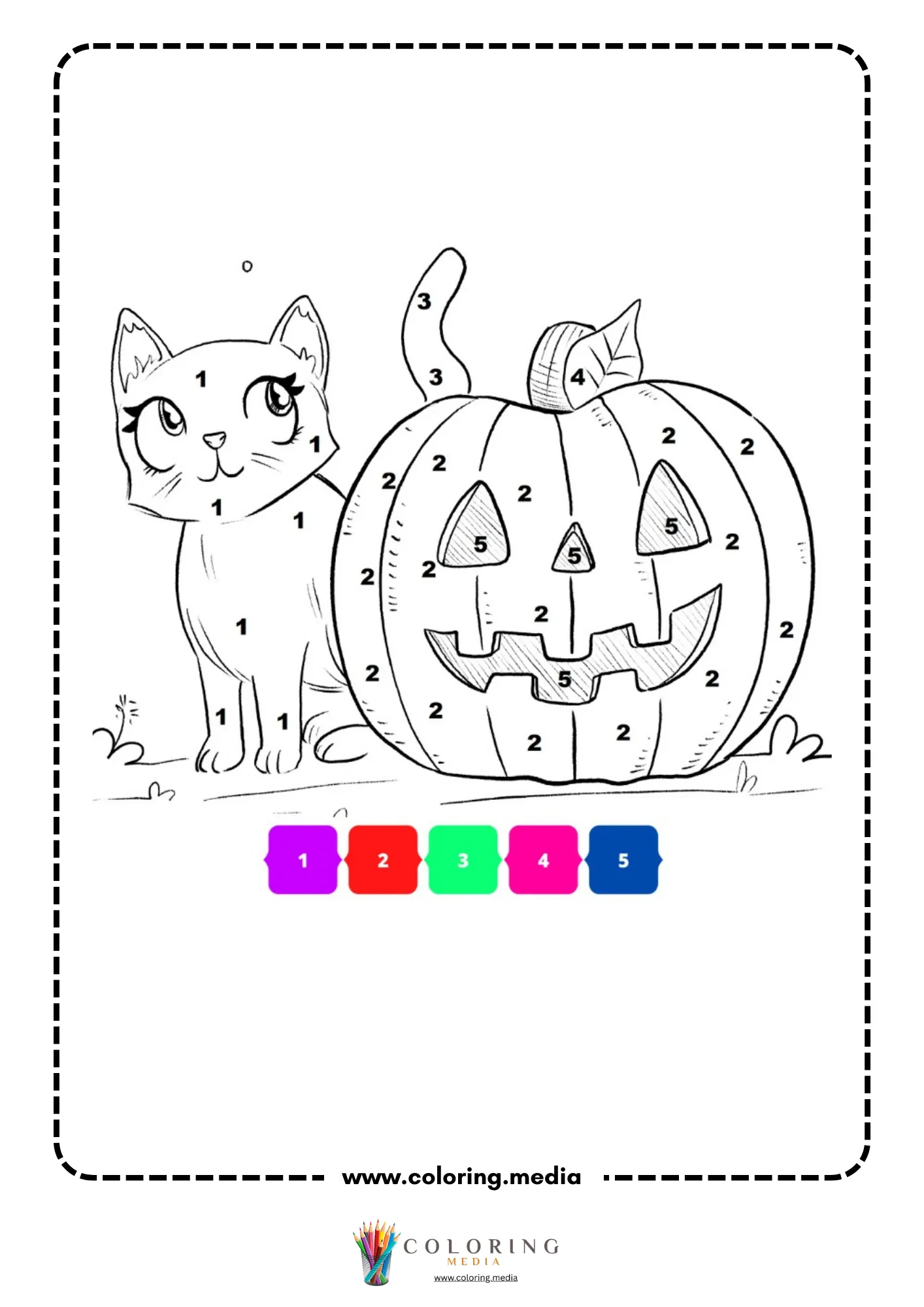 Color by number black cat sitting beside jack-o-lantern