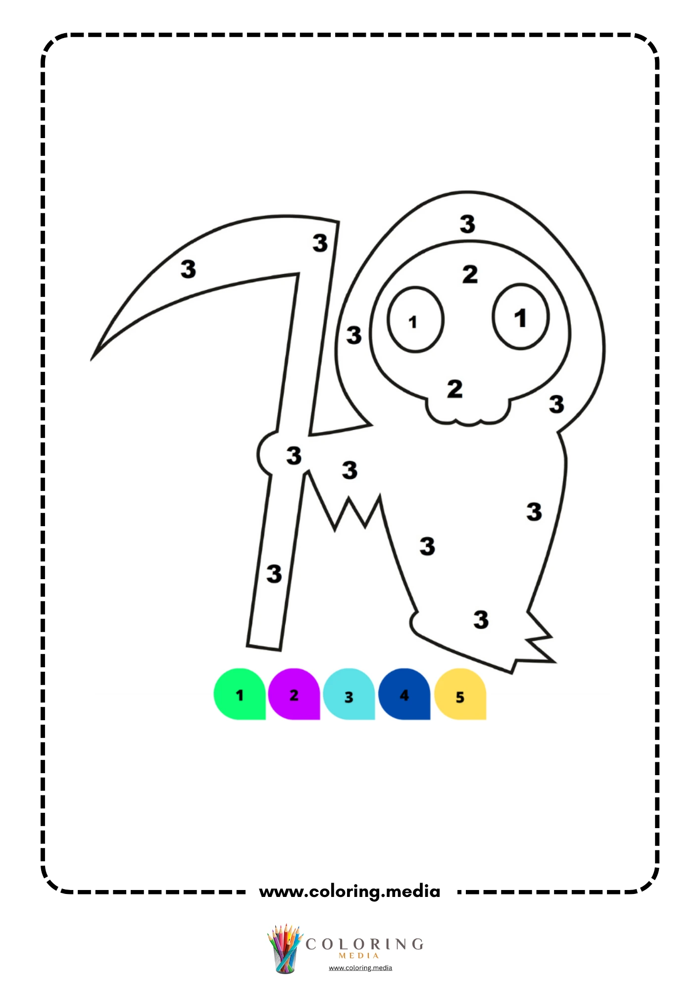 Color by number grim reaper ghost holding scythe