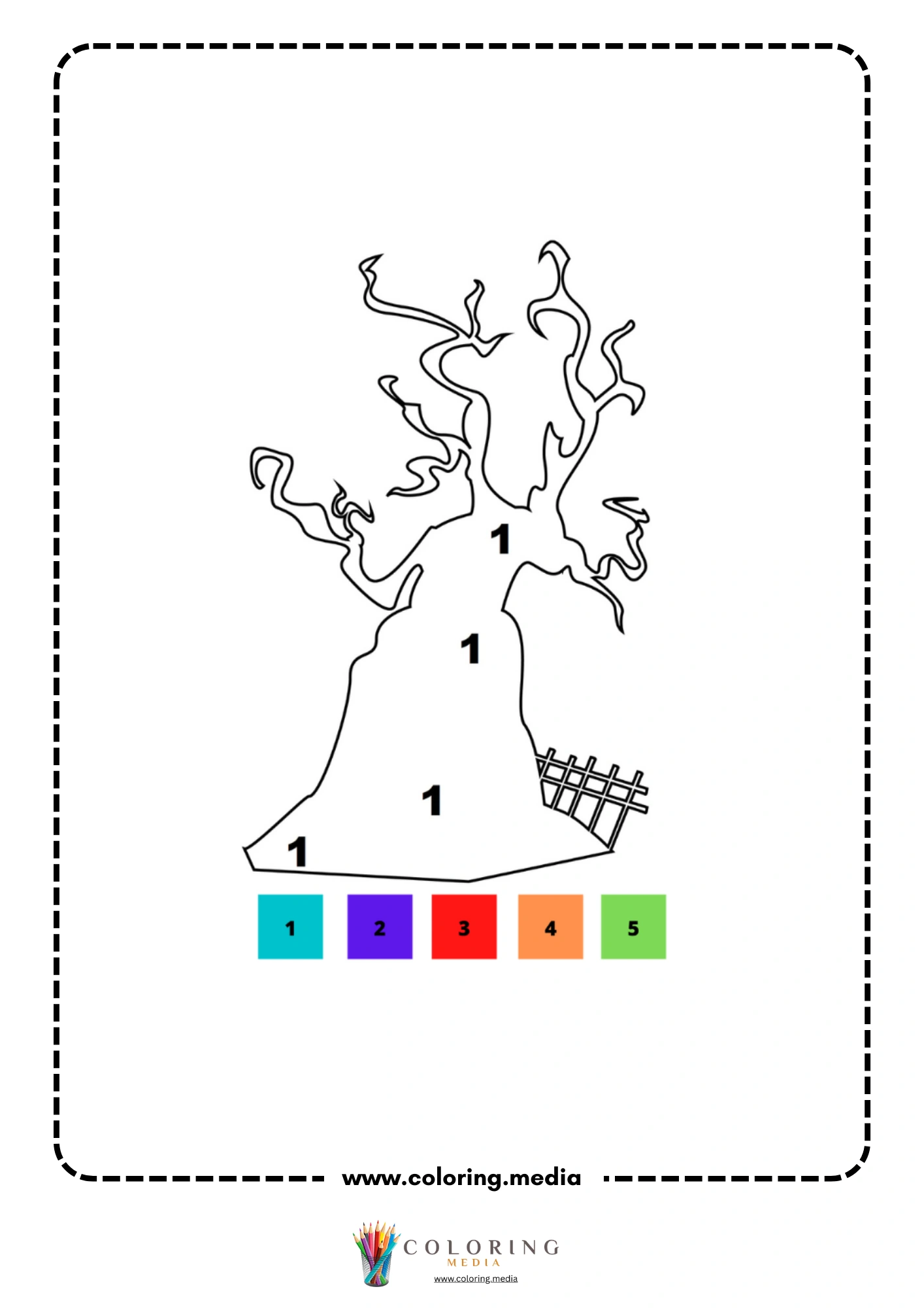 Color by number spooky bare tree with twisted branches