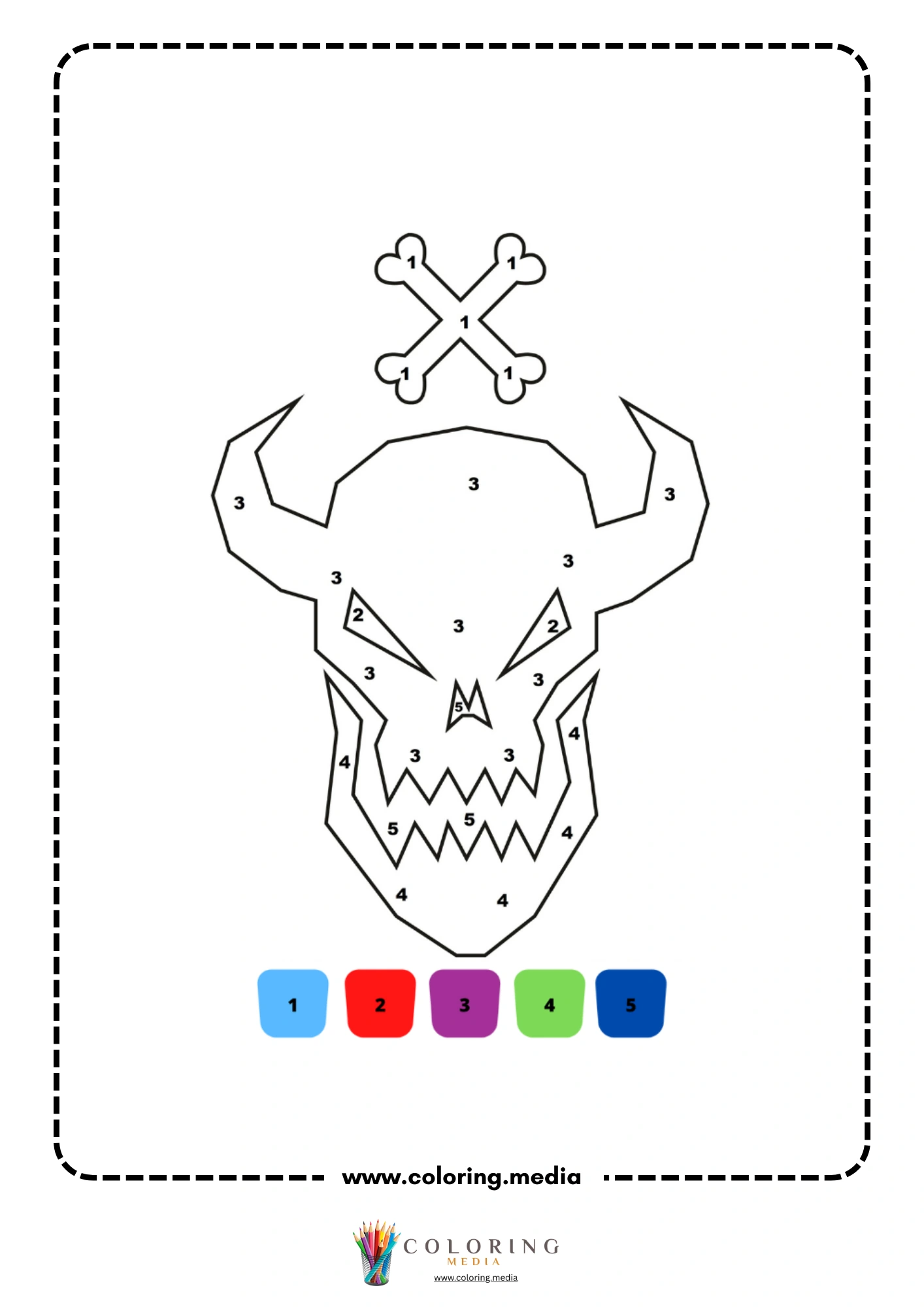 Color by number horned skull with crossbones and jagged mouth