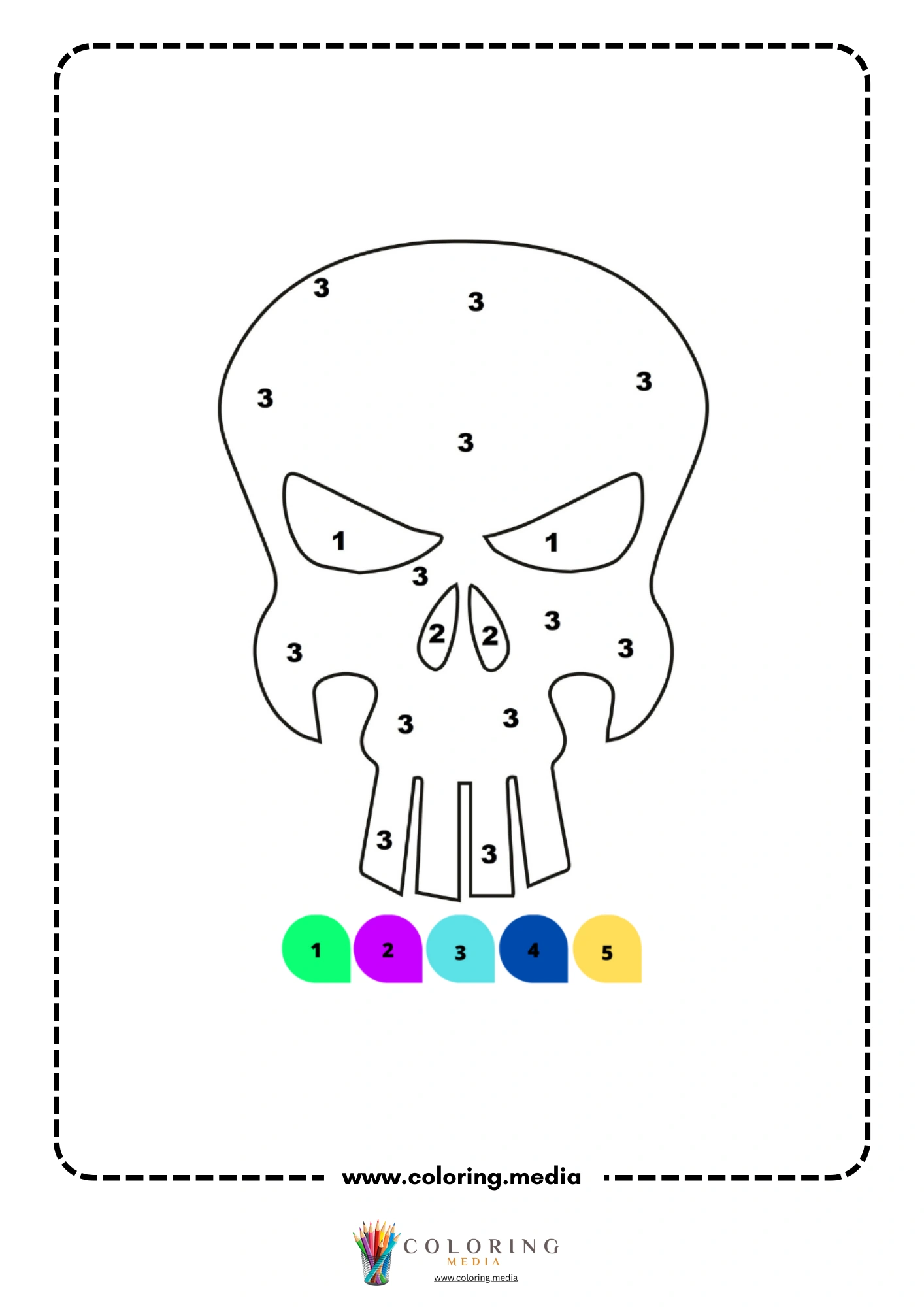 Color by number angry skull with pointed teeth and sunken eyes