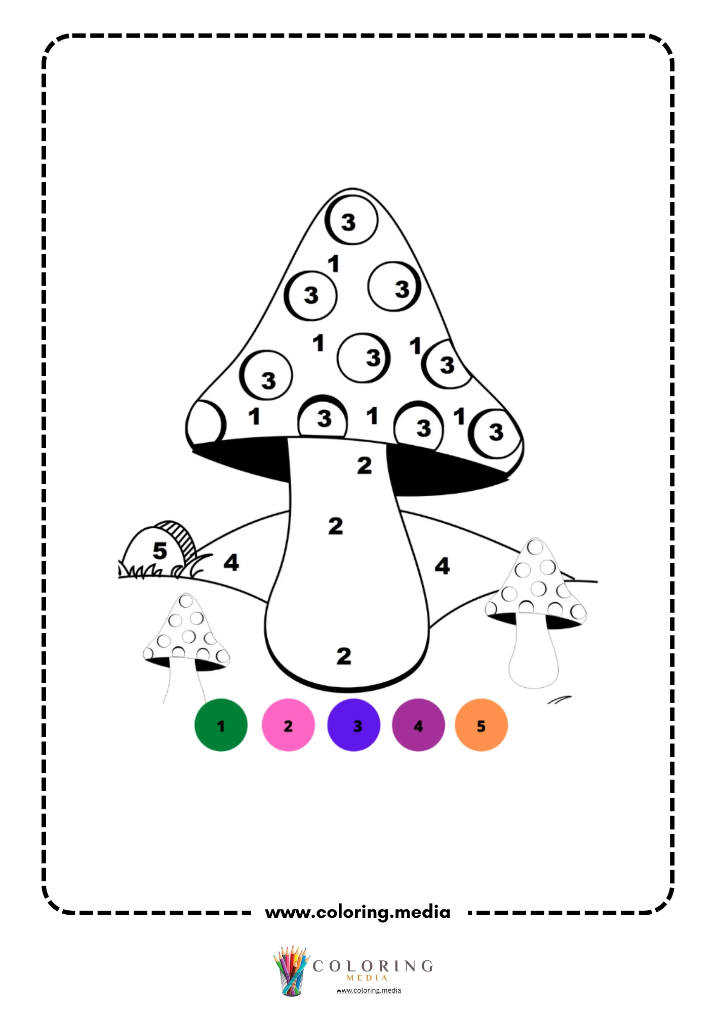 Color by number large spooky mushroom with two smaller ones