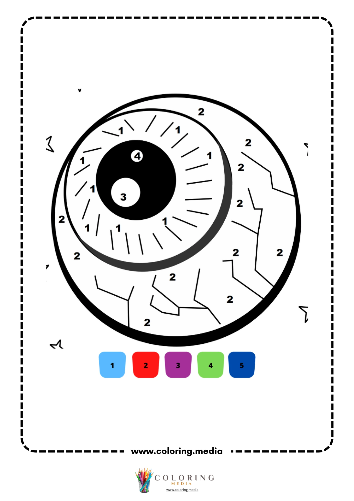 Color by number creepy eyeball with radiating lines and veins