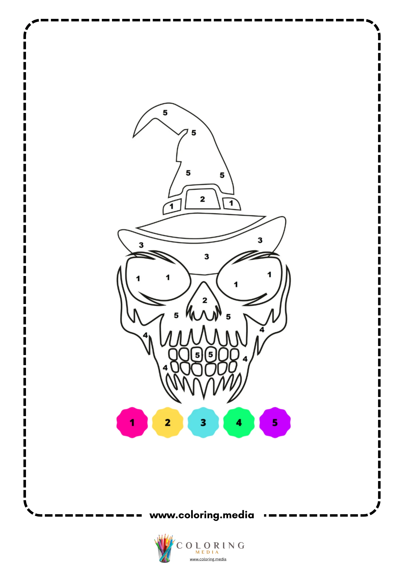 Color by number skull wearing pointed witch hat