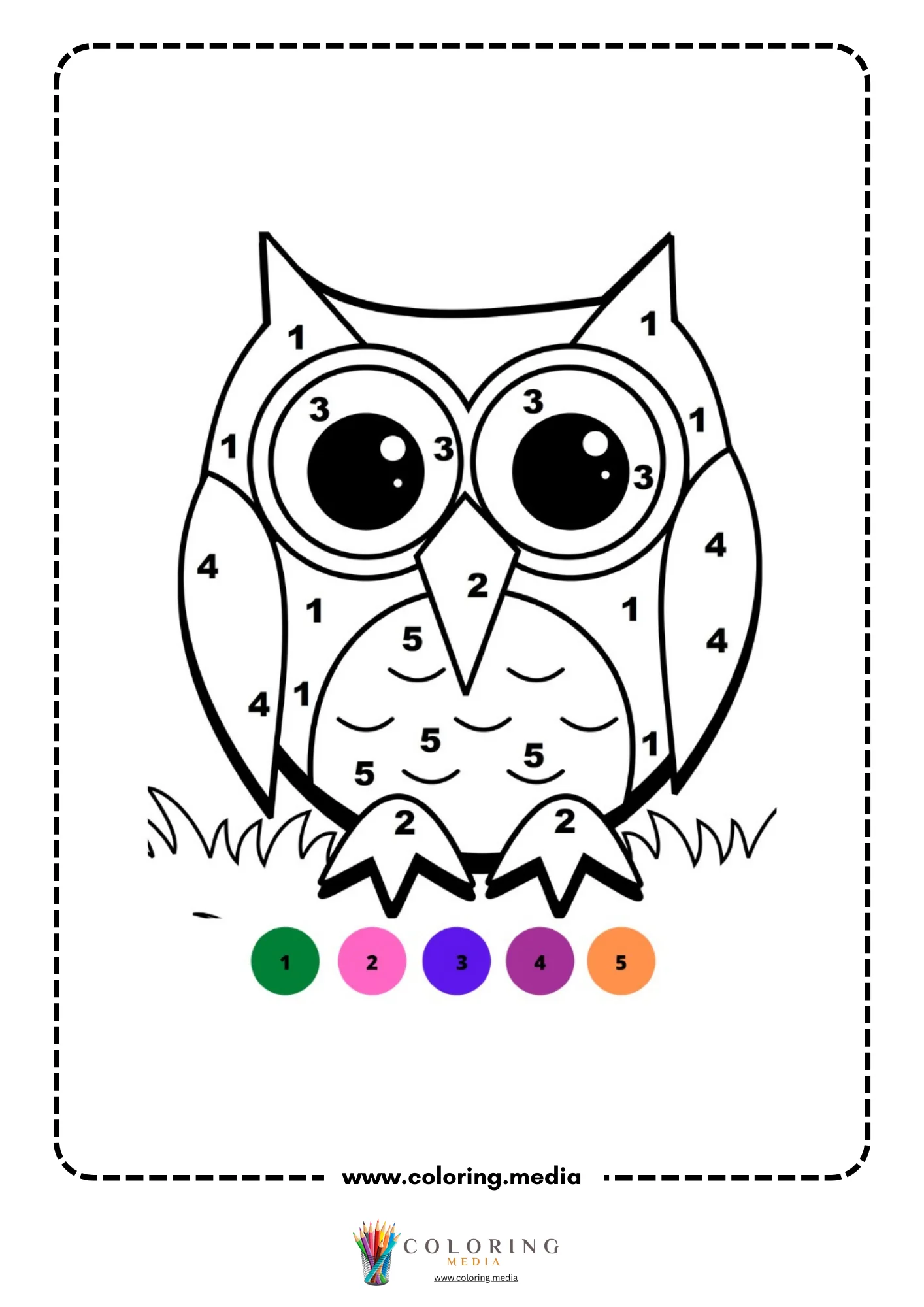 Color by number cute cartoon owl with big eyes on grass