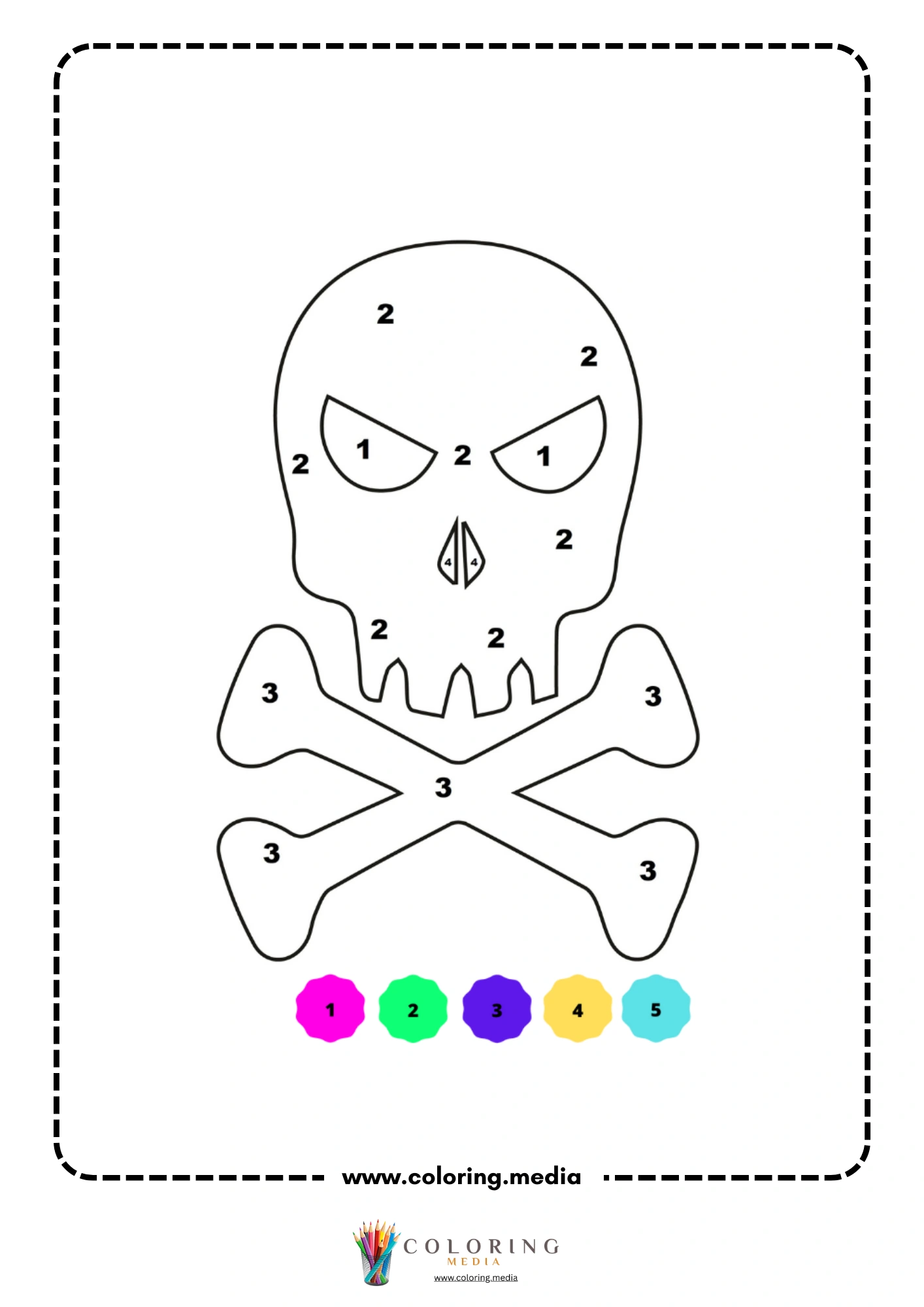 Color by number skull and crossbones with fanged teeth