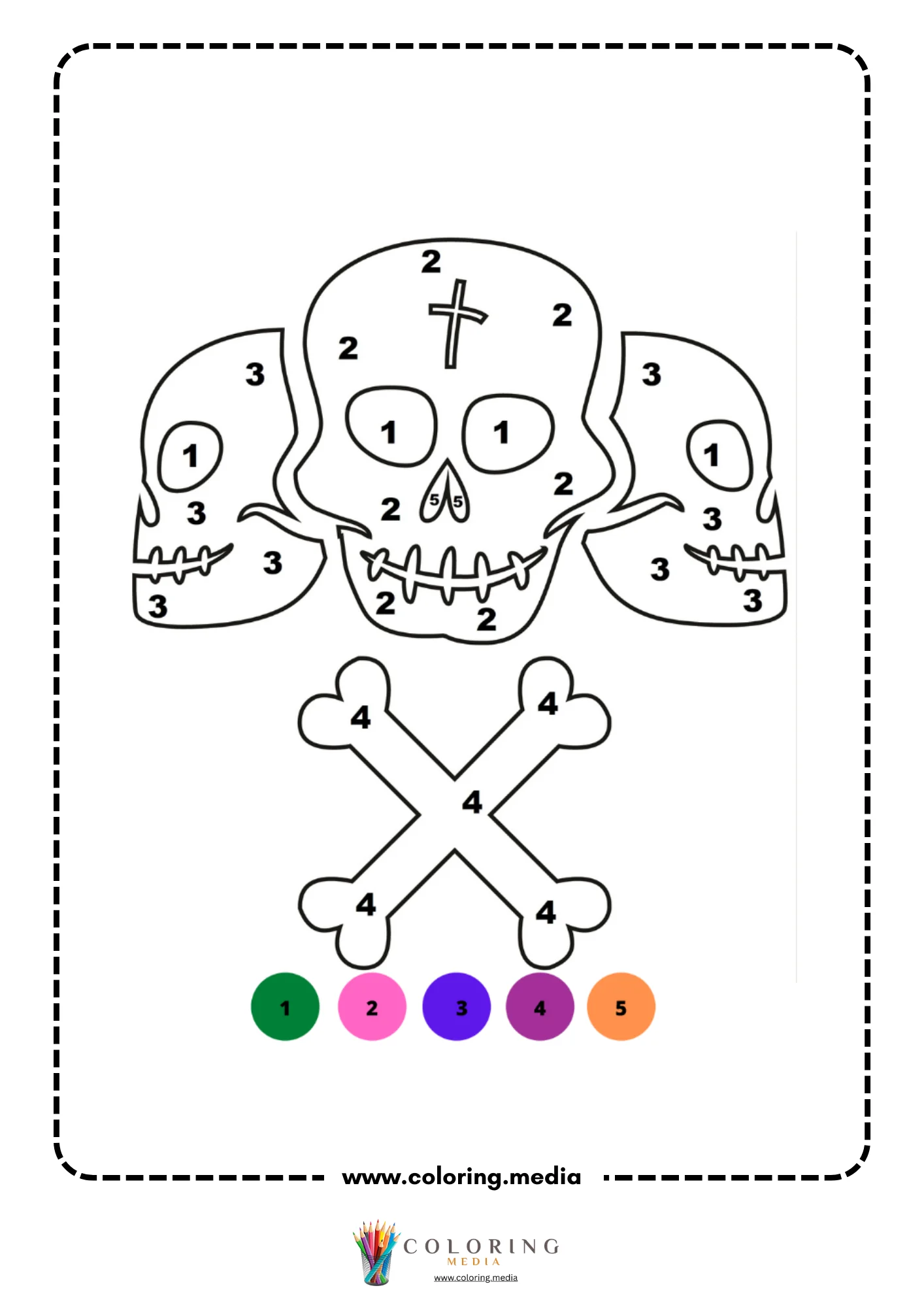 Color by number three skulls with crossbones and cross