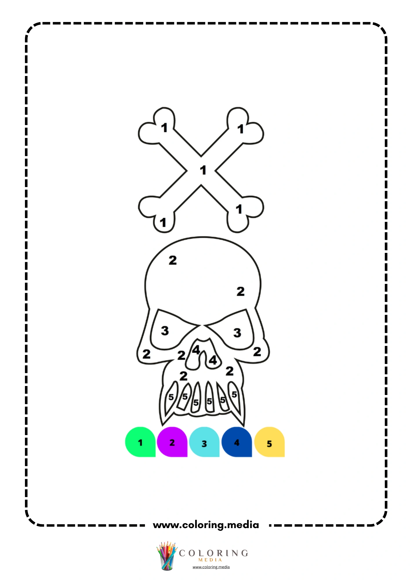 Color by number skull and crossbones with jagged teeth