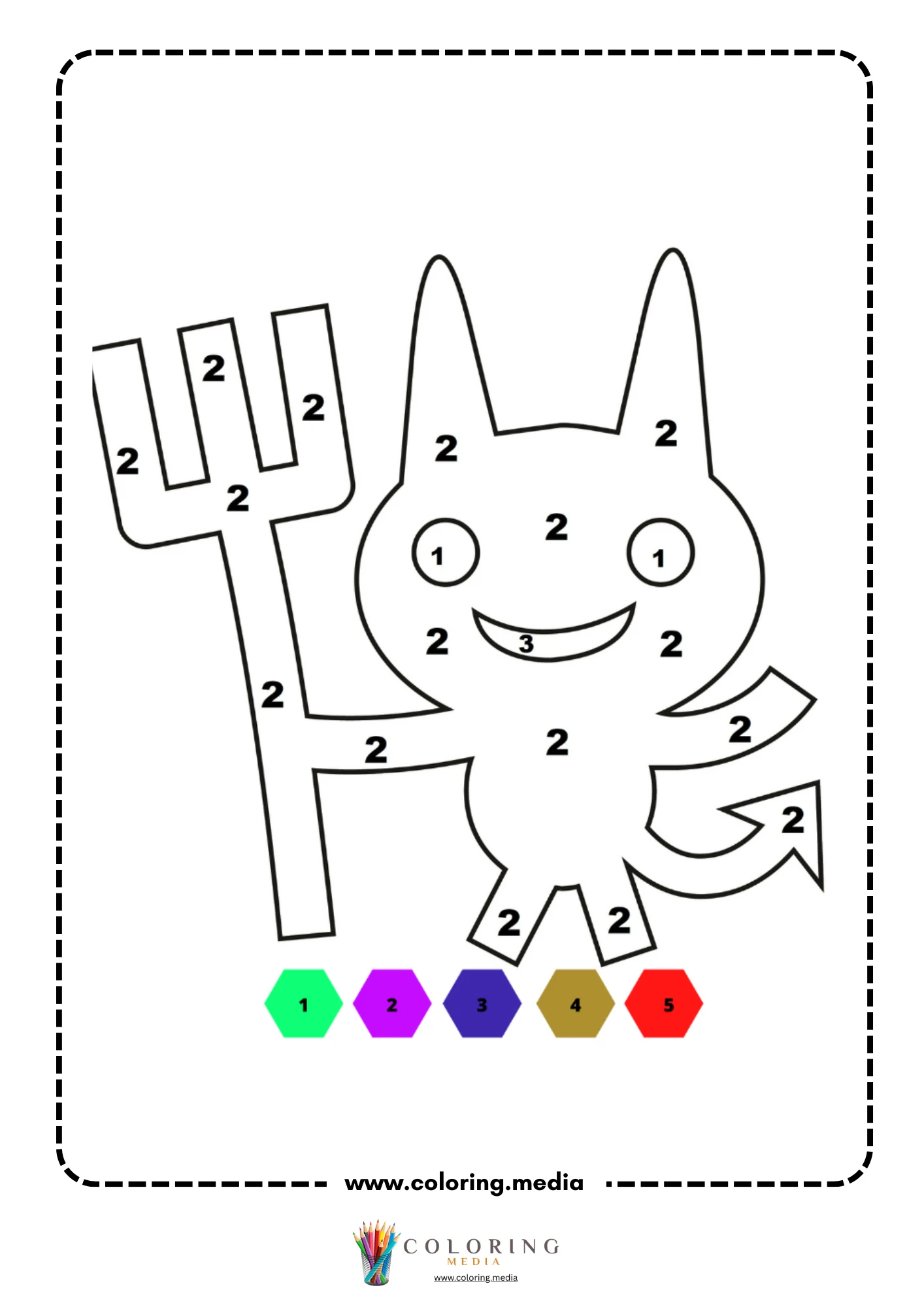 Color by number cartoon devil with pitchfork and curled tail