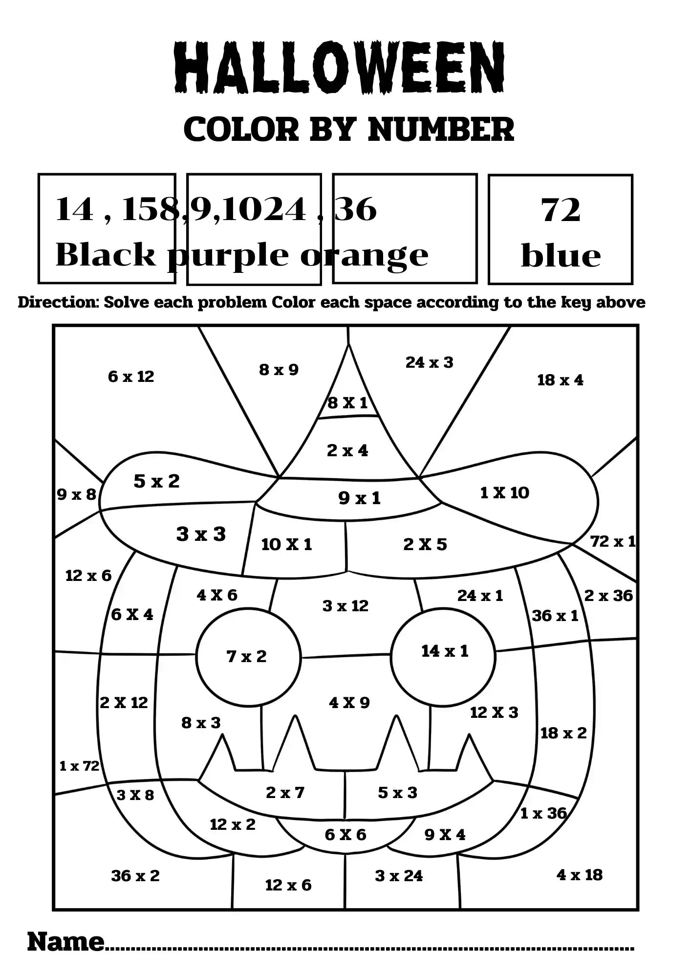 Halloween color by number jack-o-lantern face with multiplication problems