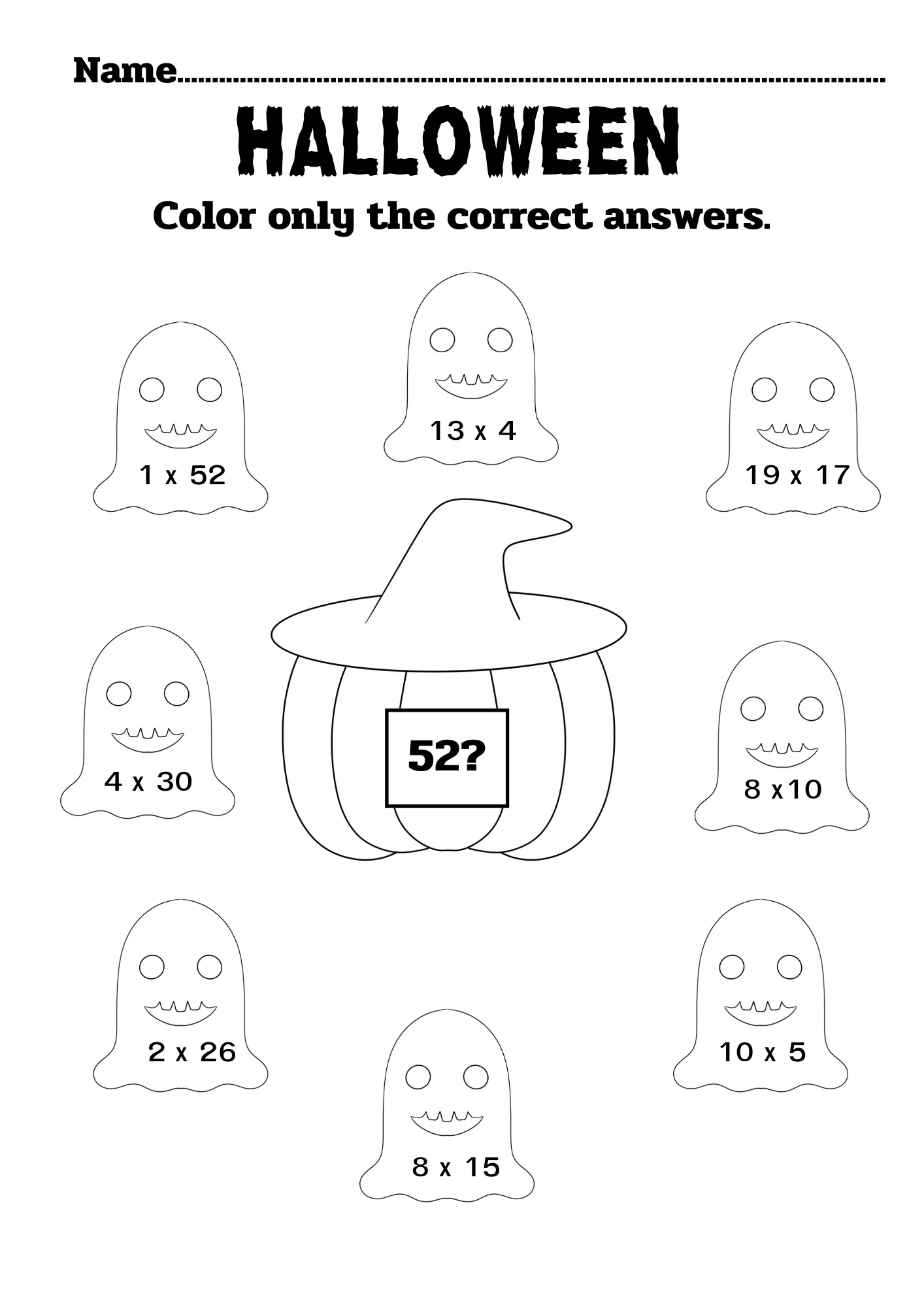 Halloween color correct answers ghost multiplication worksheet showing 52