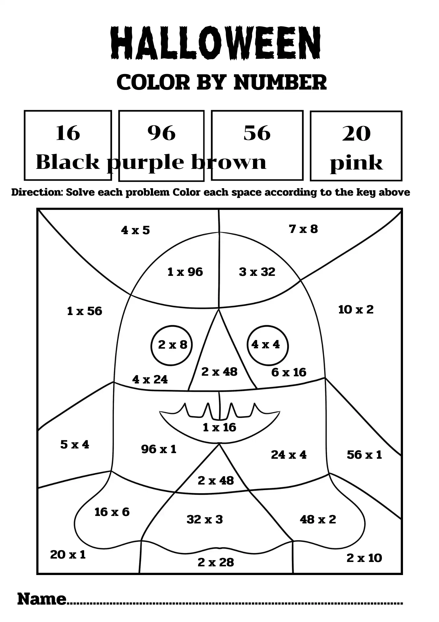 Halloween color by number ghost-face pumpkin with multiplication problems