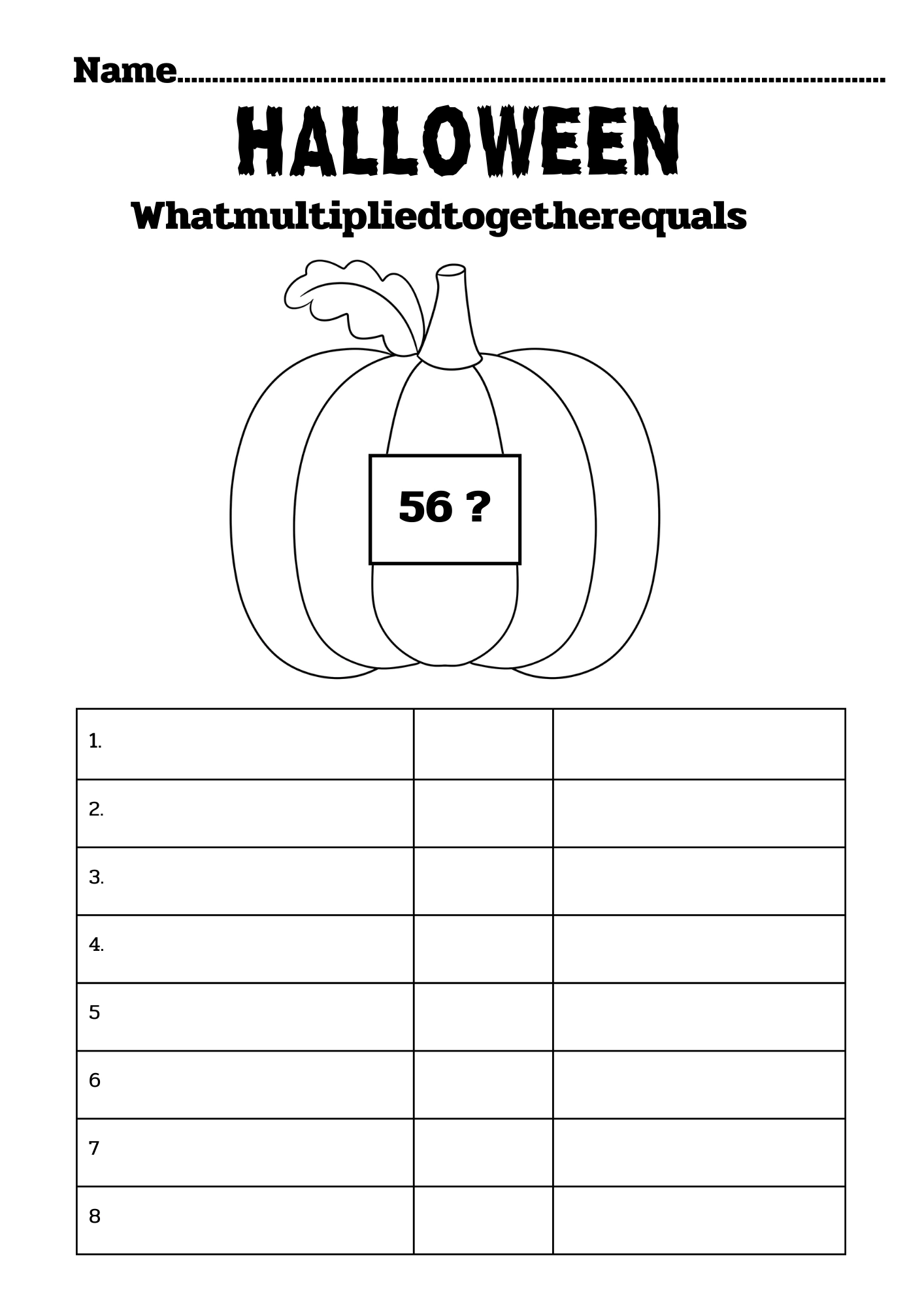 Halloween multiplication worksheet pumpkin showing what equals 56