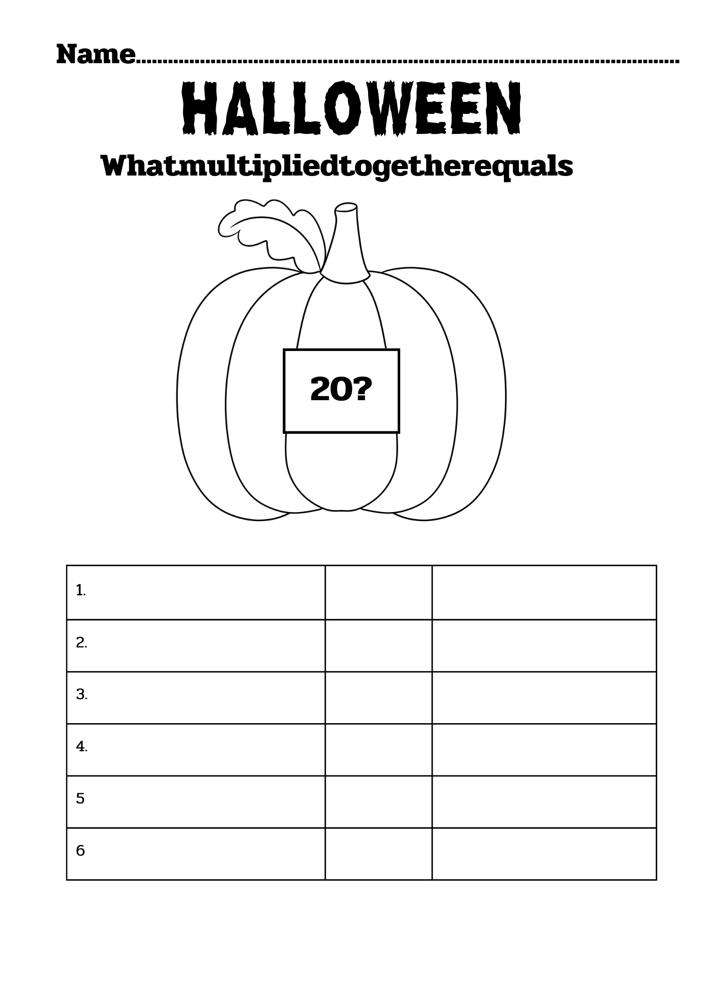 Halloween multiplication worksheet pumpkin showing what equals 20
