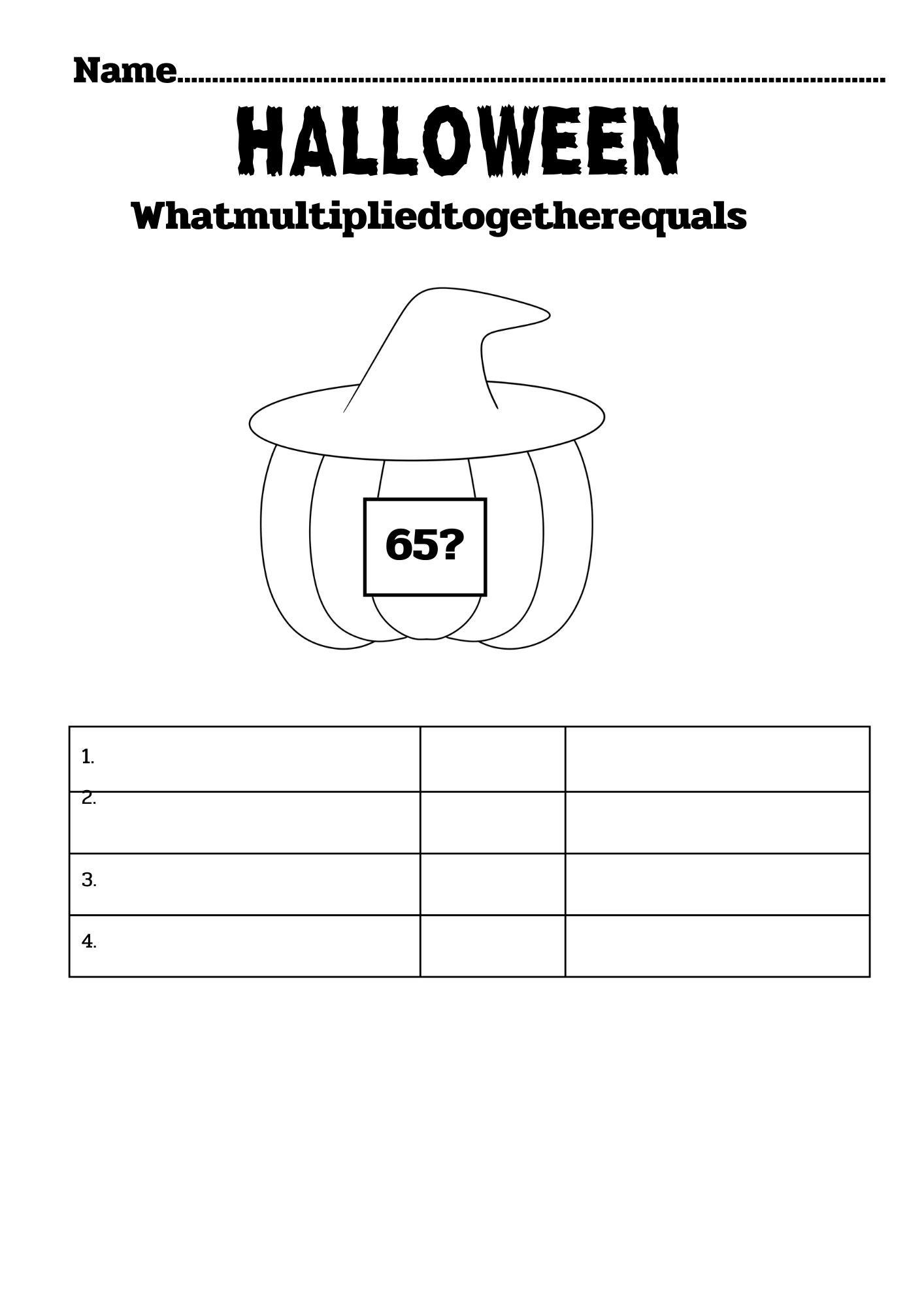Halloween multiplication worksheet witch-hat pumpkin showing what equals 65
