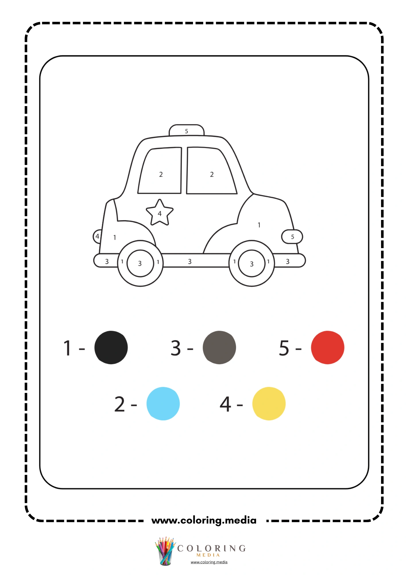 Color by number police car with star badge and roof light