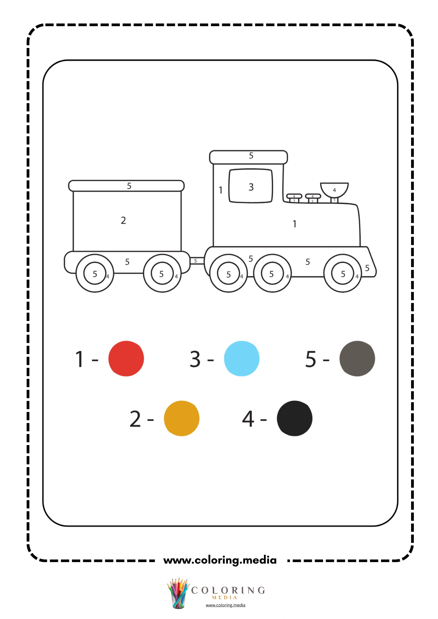 Color by number steam train locomotive pulling one cargo car