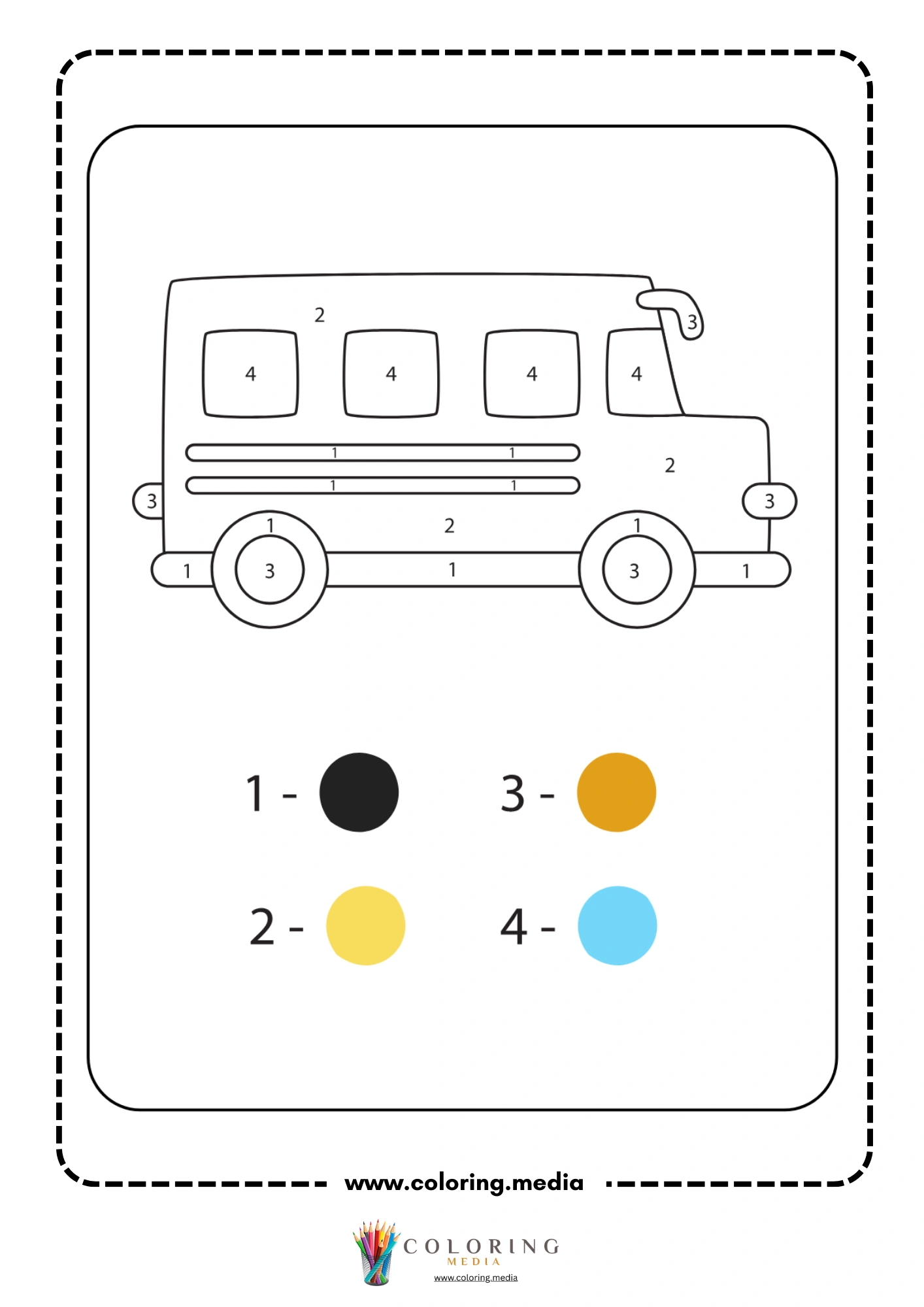 Color by number school bus with four square windows