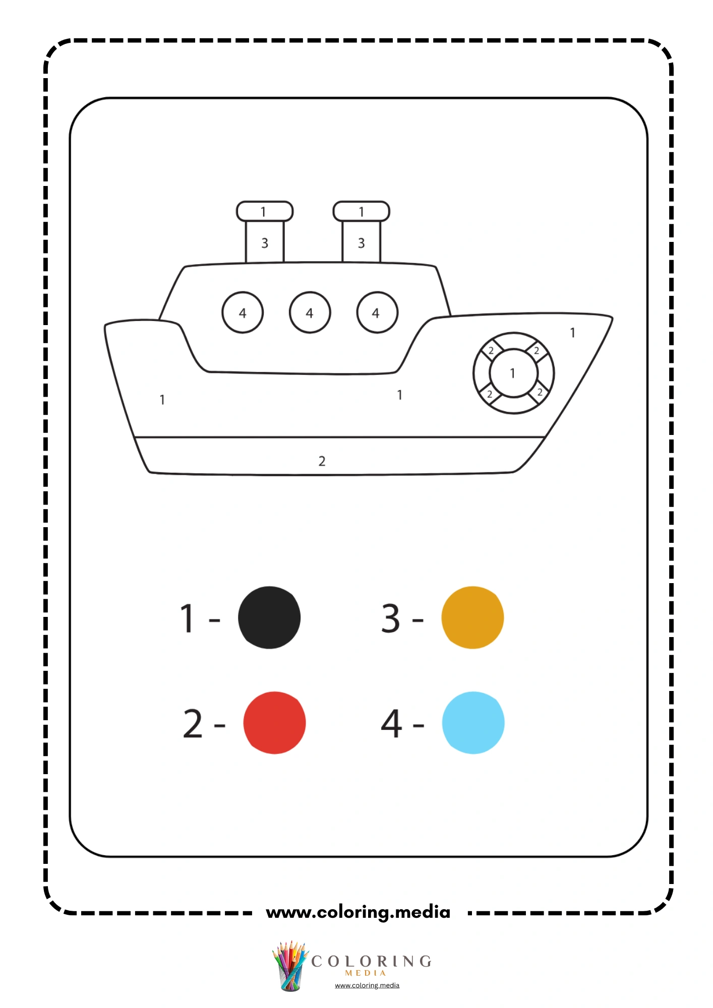Color by number ship with two smokestacks and life preserver ring
