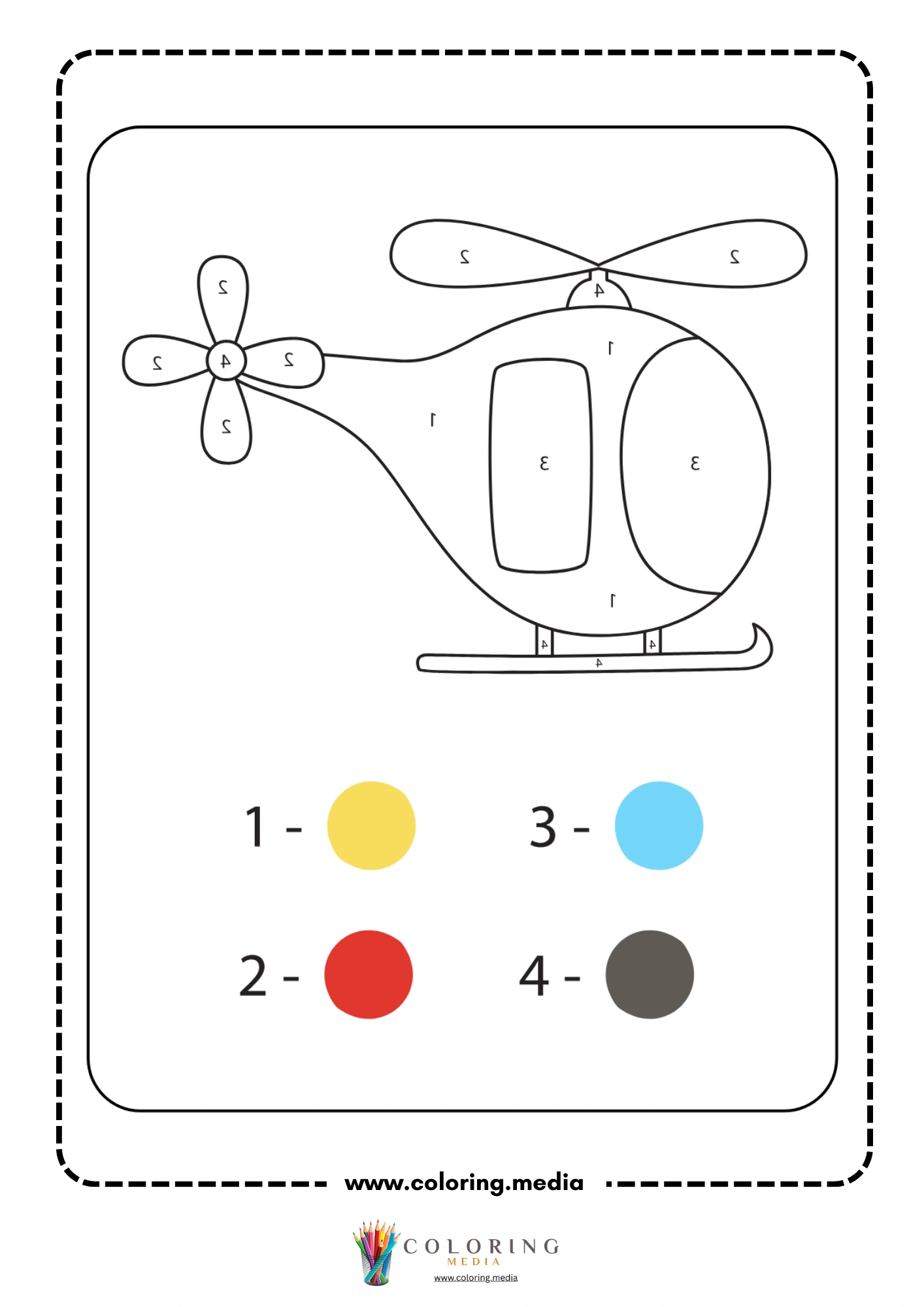 Color by number helicopter with main rotor and tail rotor