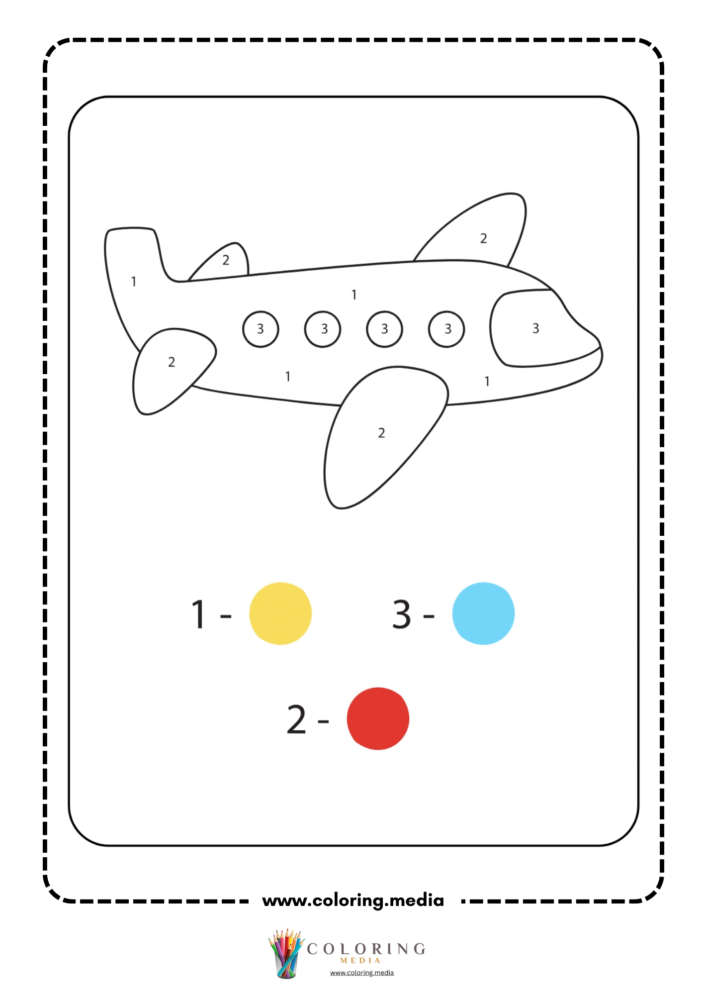 Color by number airplane with wings and four round windows