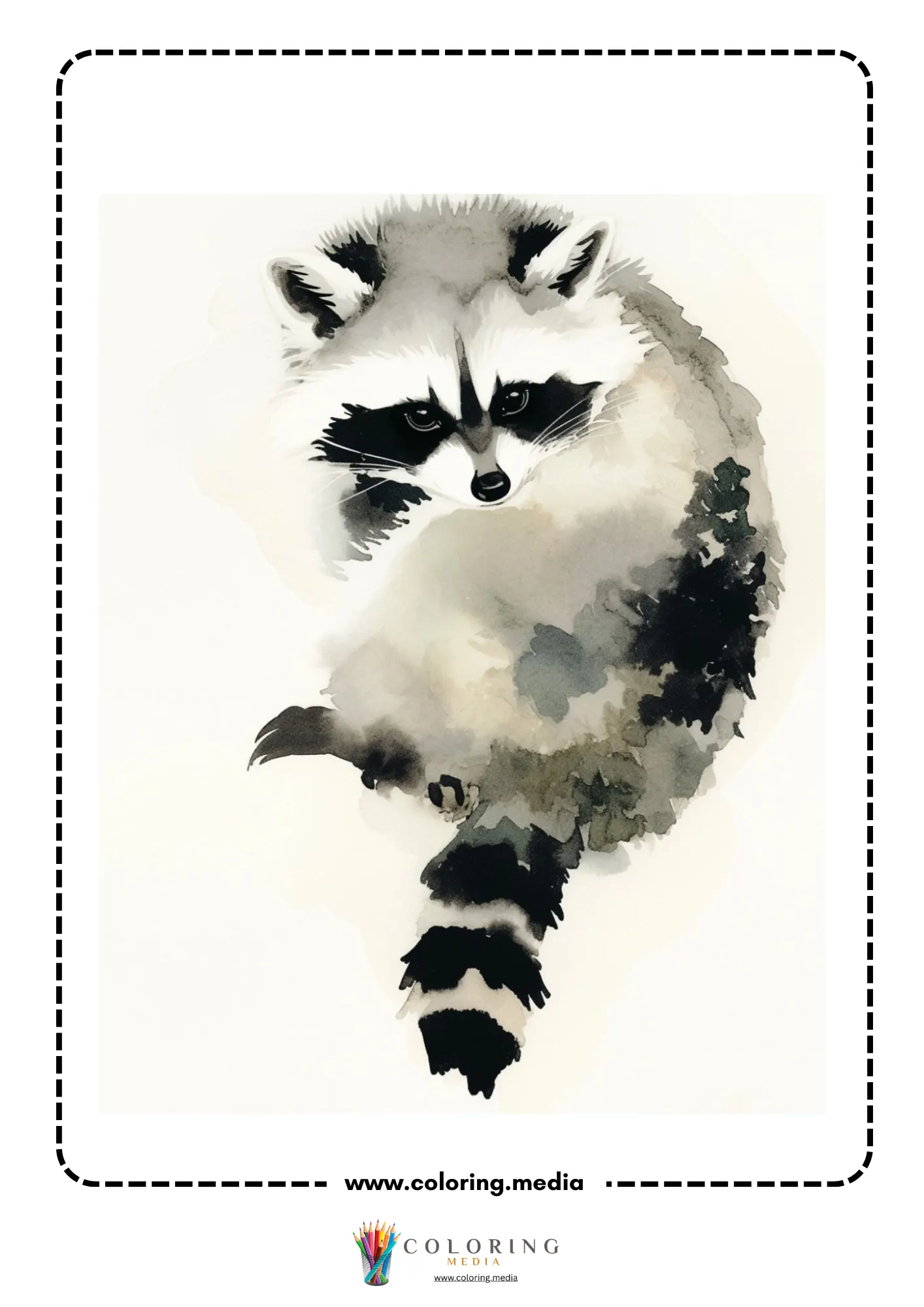 Reverse animal coloring page with watercolor raccoon portrait