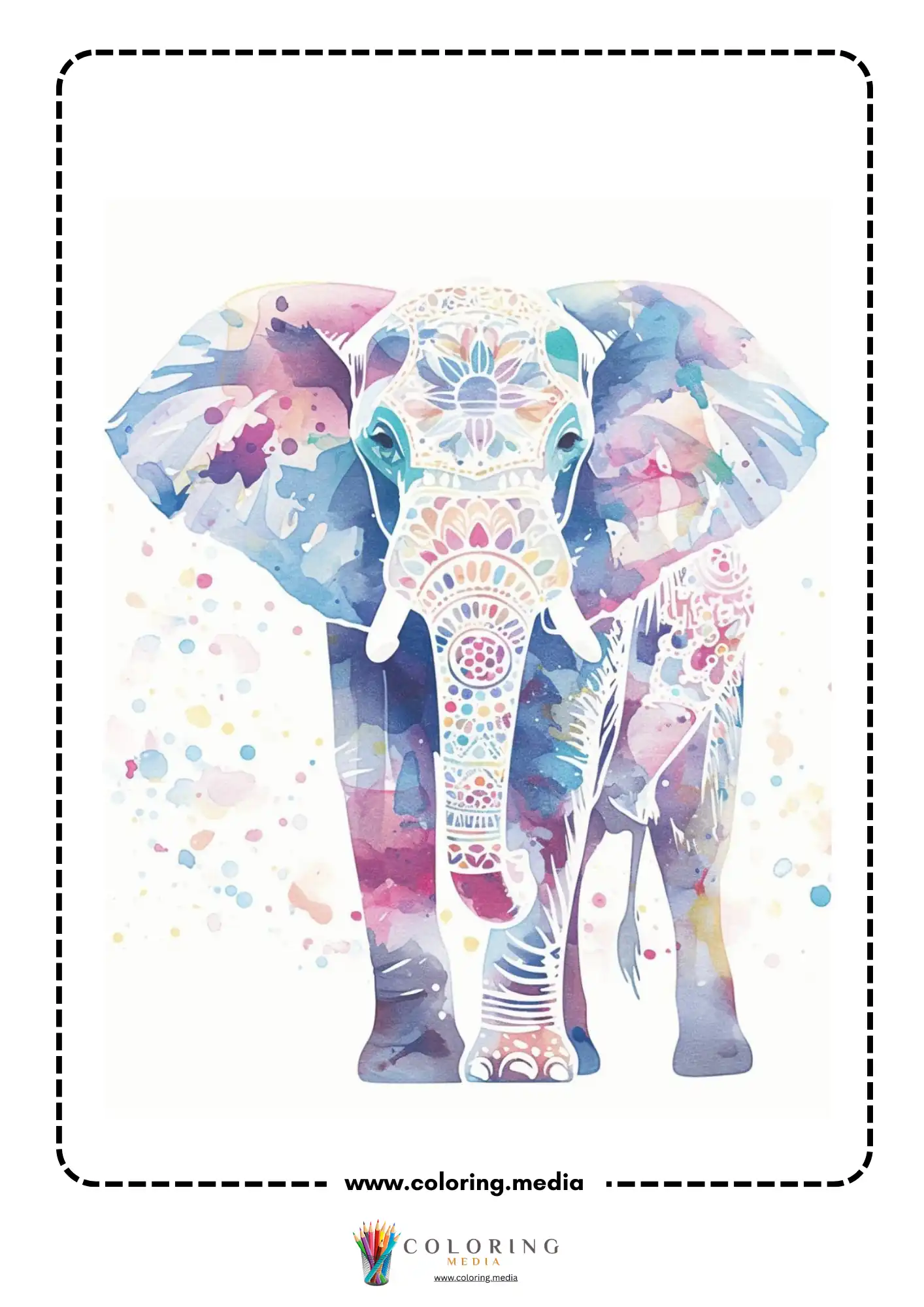 Reverse animal coloring page with detailed animal face in paint washes
