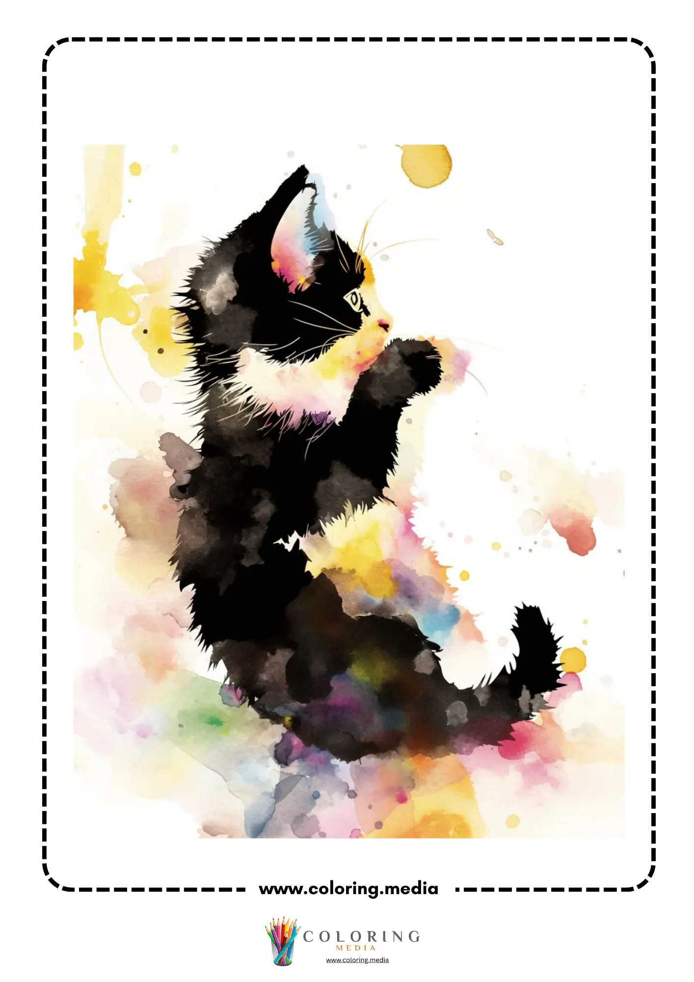 Reverse animal coloring page with soft watercolor animal pose
