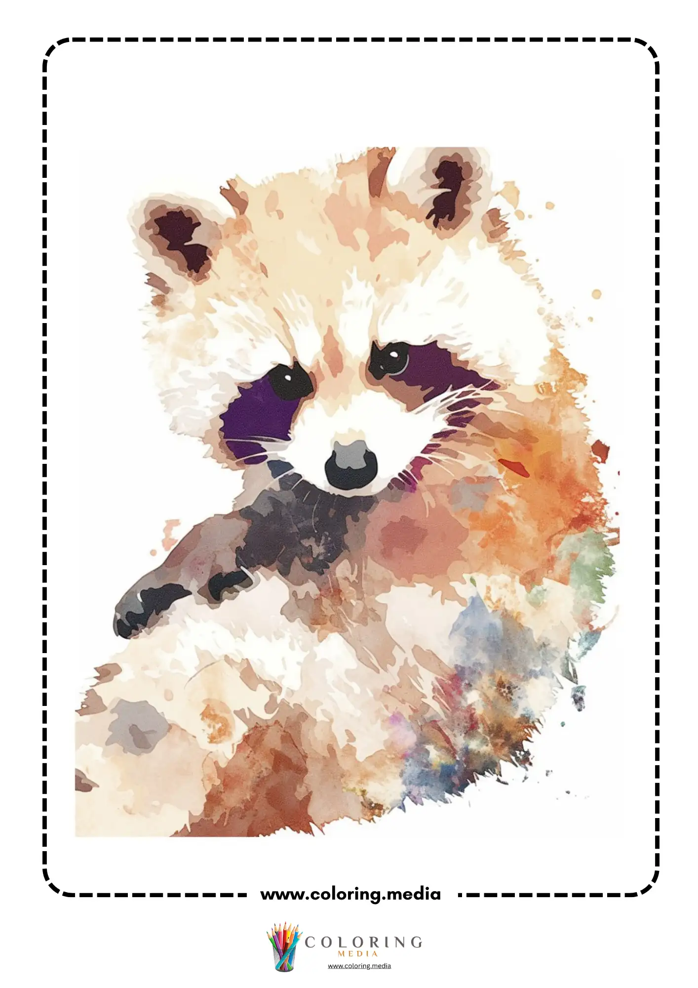 Reverse animal coloring page with close-up watercolor raccoon face