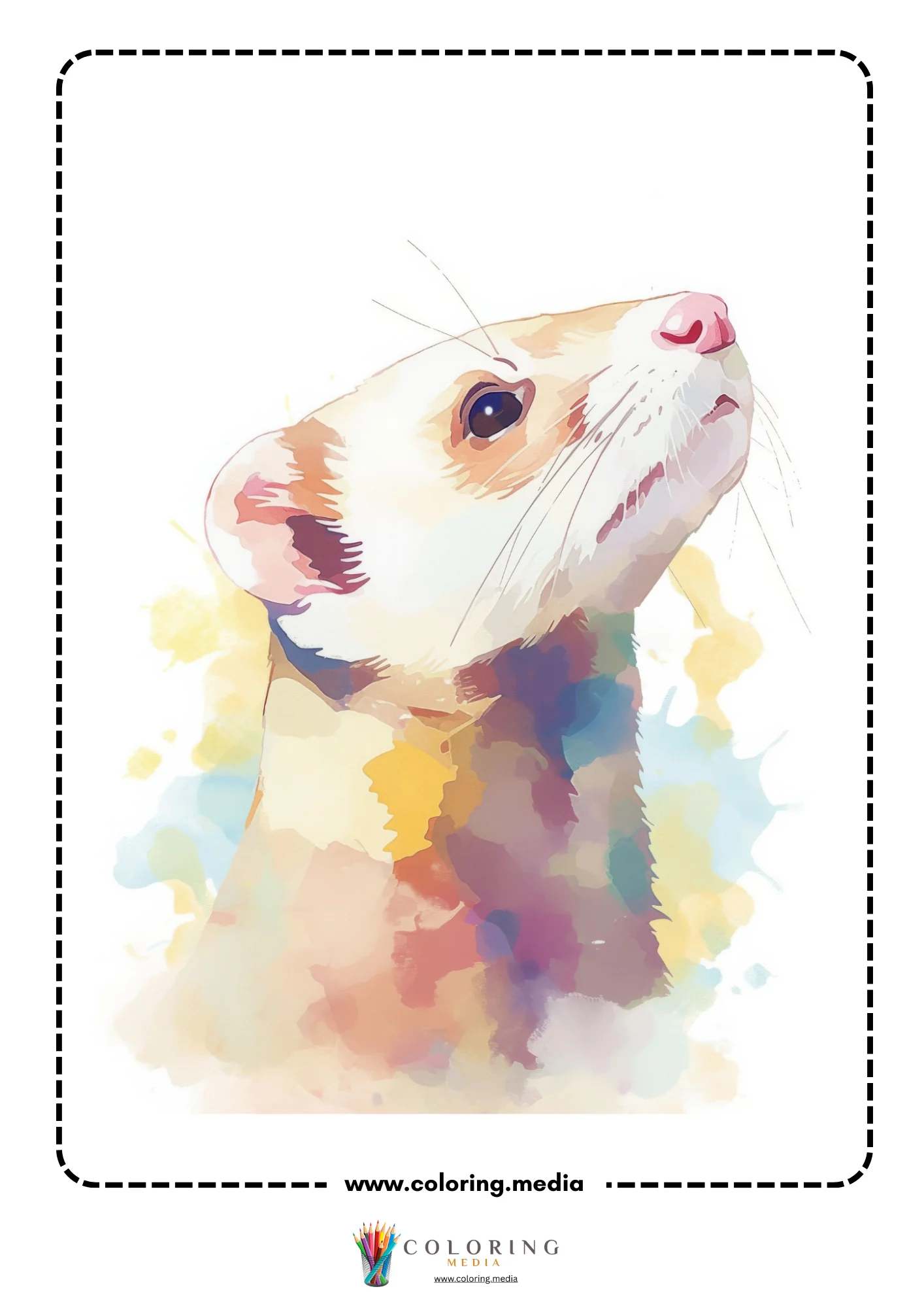 Reverse animal coloring page with loose watercolor animal illustration